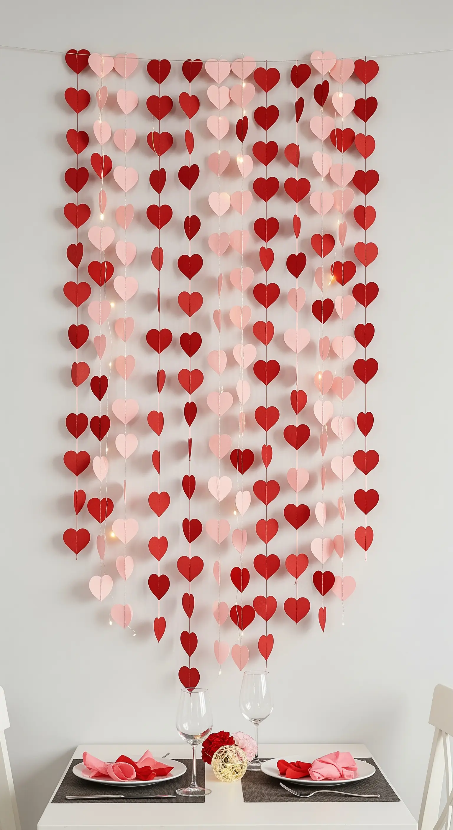 Tenda verticale di cuori di carta rossi e rosa, con lucine, dietro a un tavolo per due.