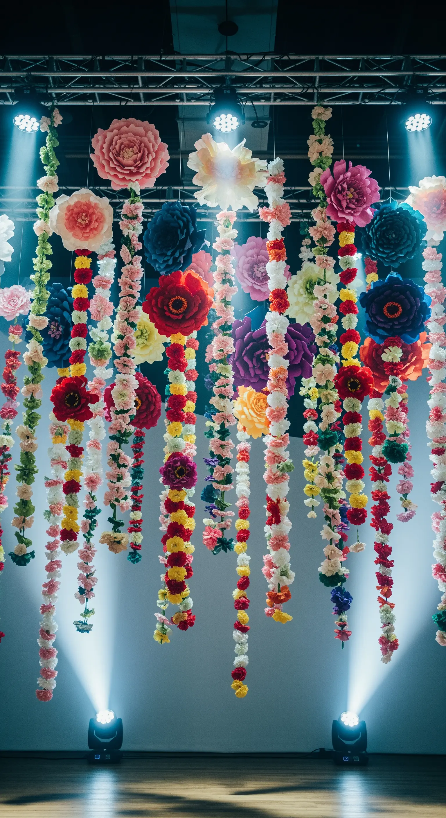 Ghirlande verticali di fiori di carta colorati pendono dal soffitto, illuminate da faretti.