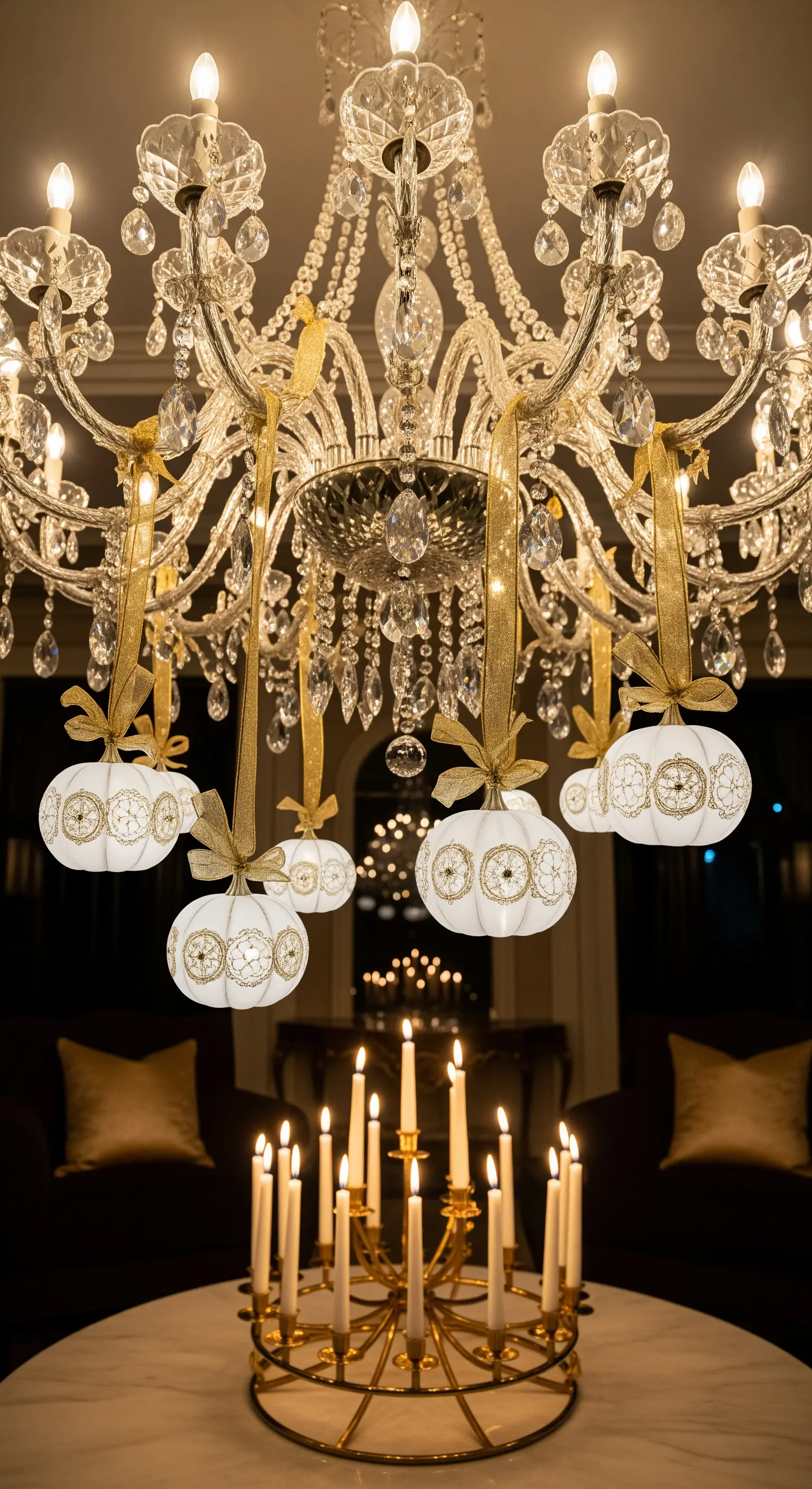 Lampadario di cristallo decorato con piccole zucche bianche appese