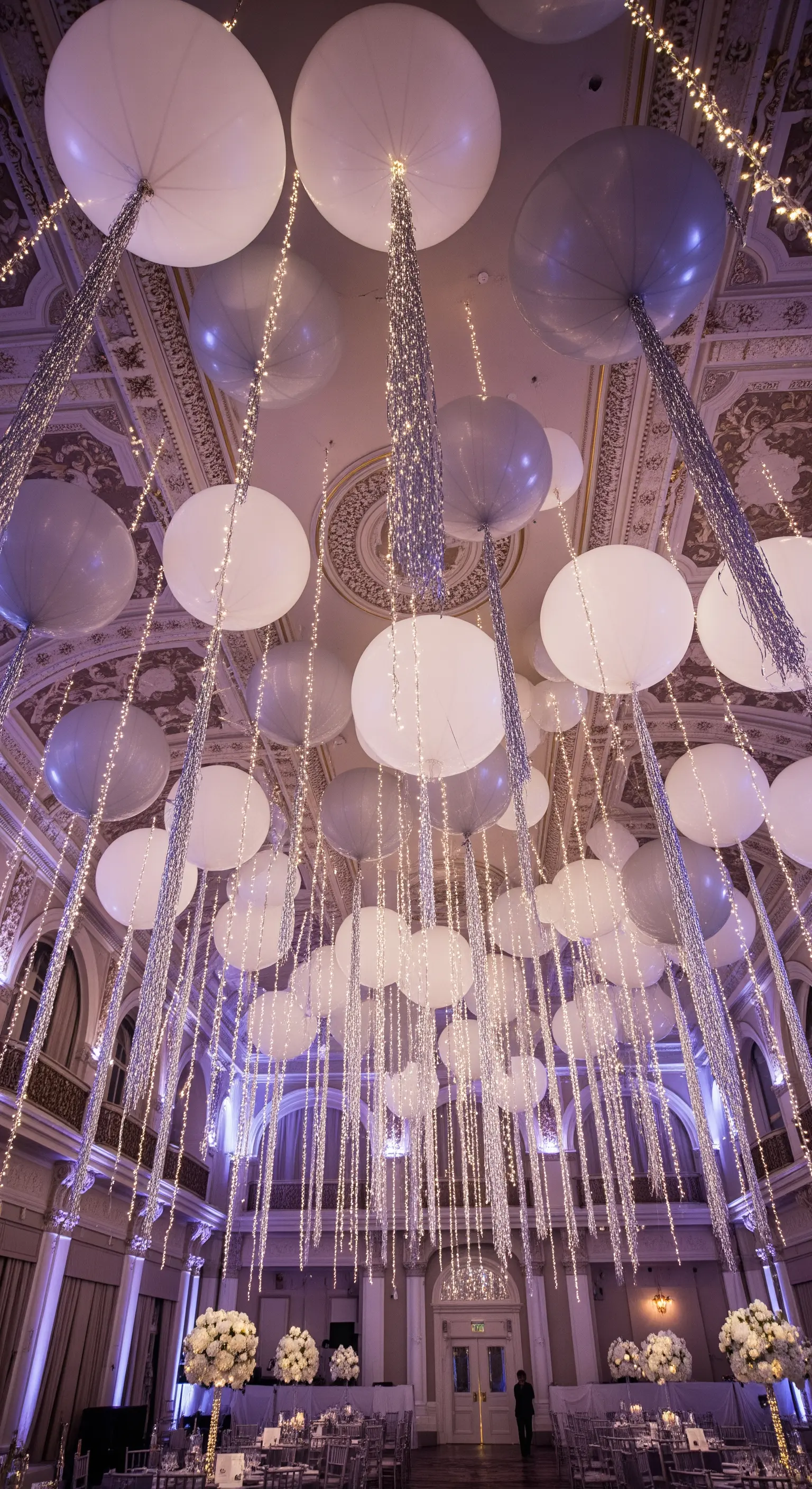 Soffitto di una sala da ballo decorato con palloncini bianchi e lilla e cascate di luci a LED.