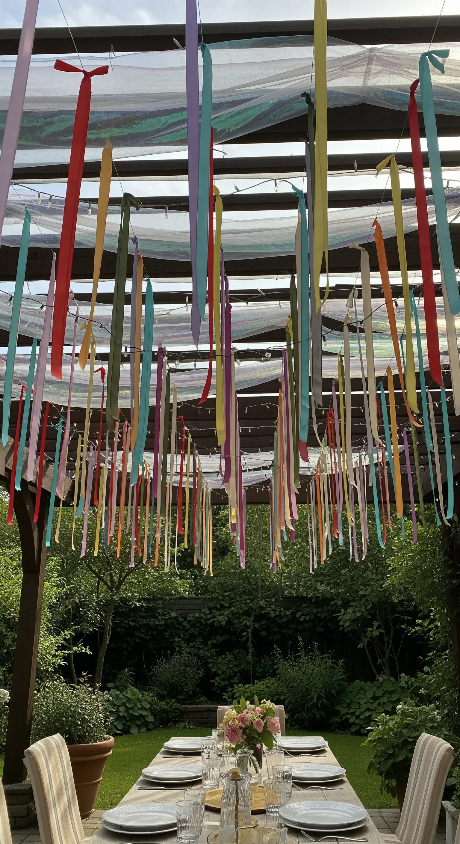 Soffitto di un pergolato decorato con nastri multicolore per una festa.