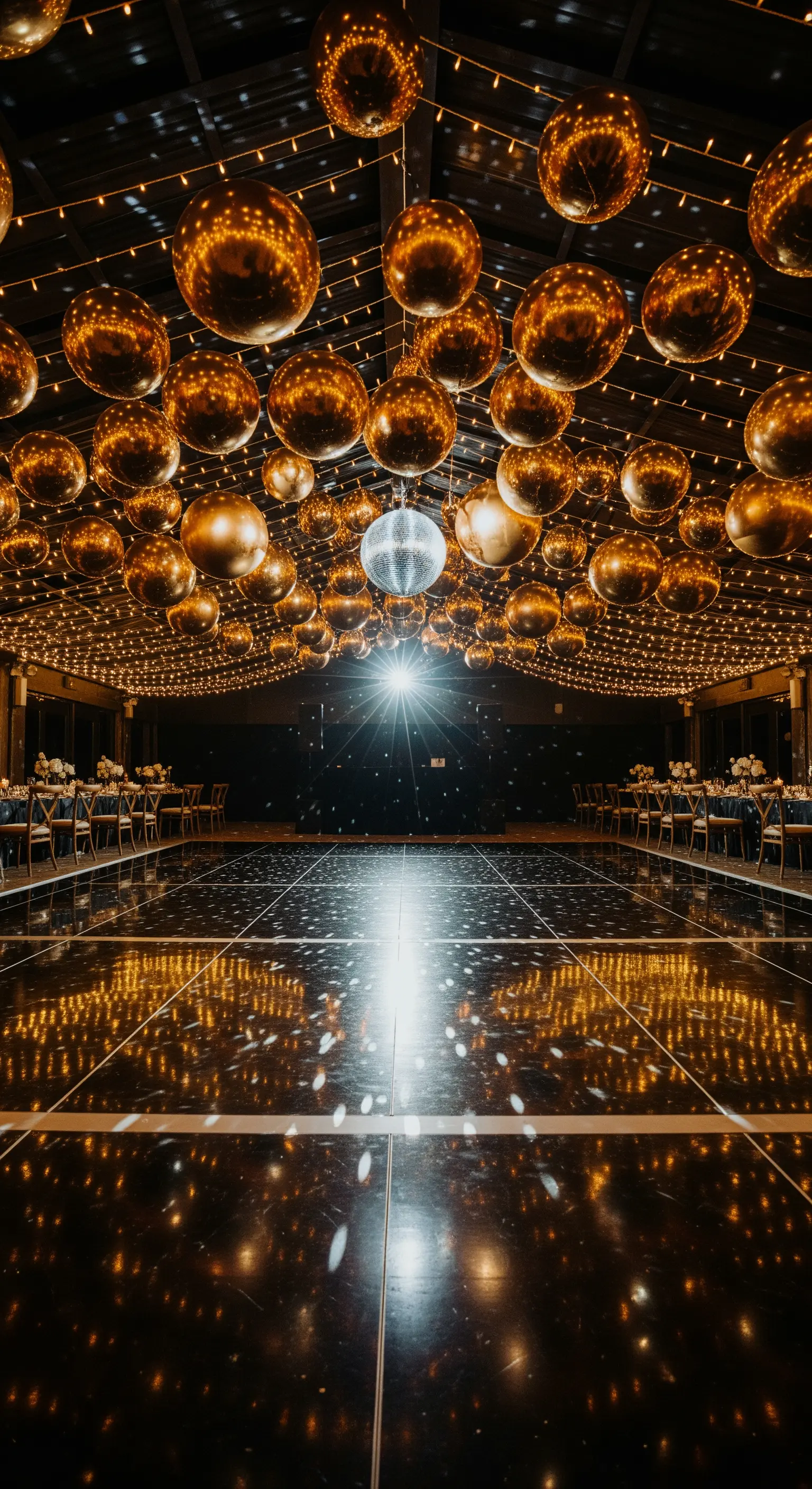 Pista da ballo con soffitto coperto di sfere specchiate dorate e lucine scintillanti.