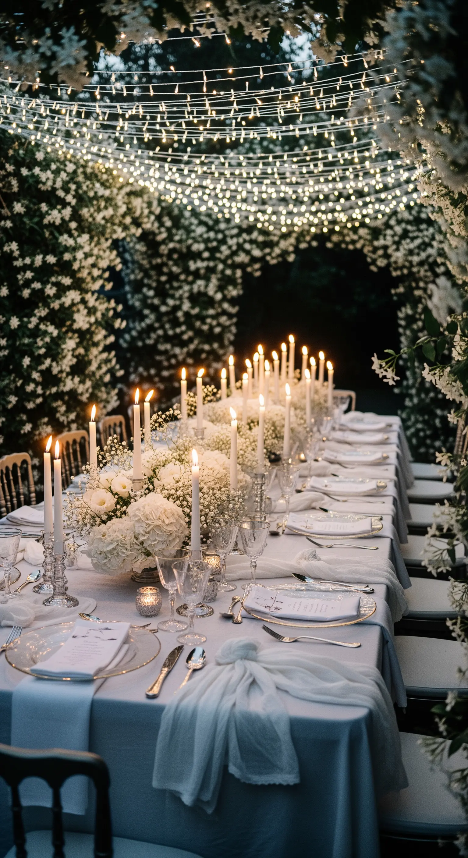 Tavolata elegante sotto un pergolato di fiori bianchi e una cascata di lucine.