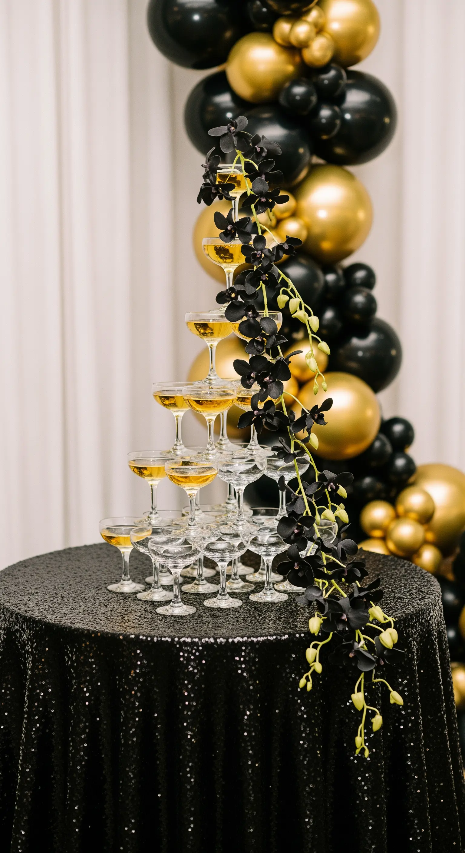 Torre di coppe di champagne su un tavolo con paillettes nere, decorata con orchidee nere.