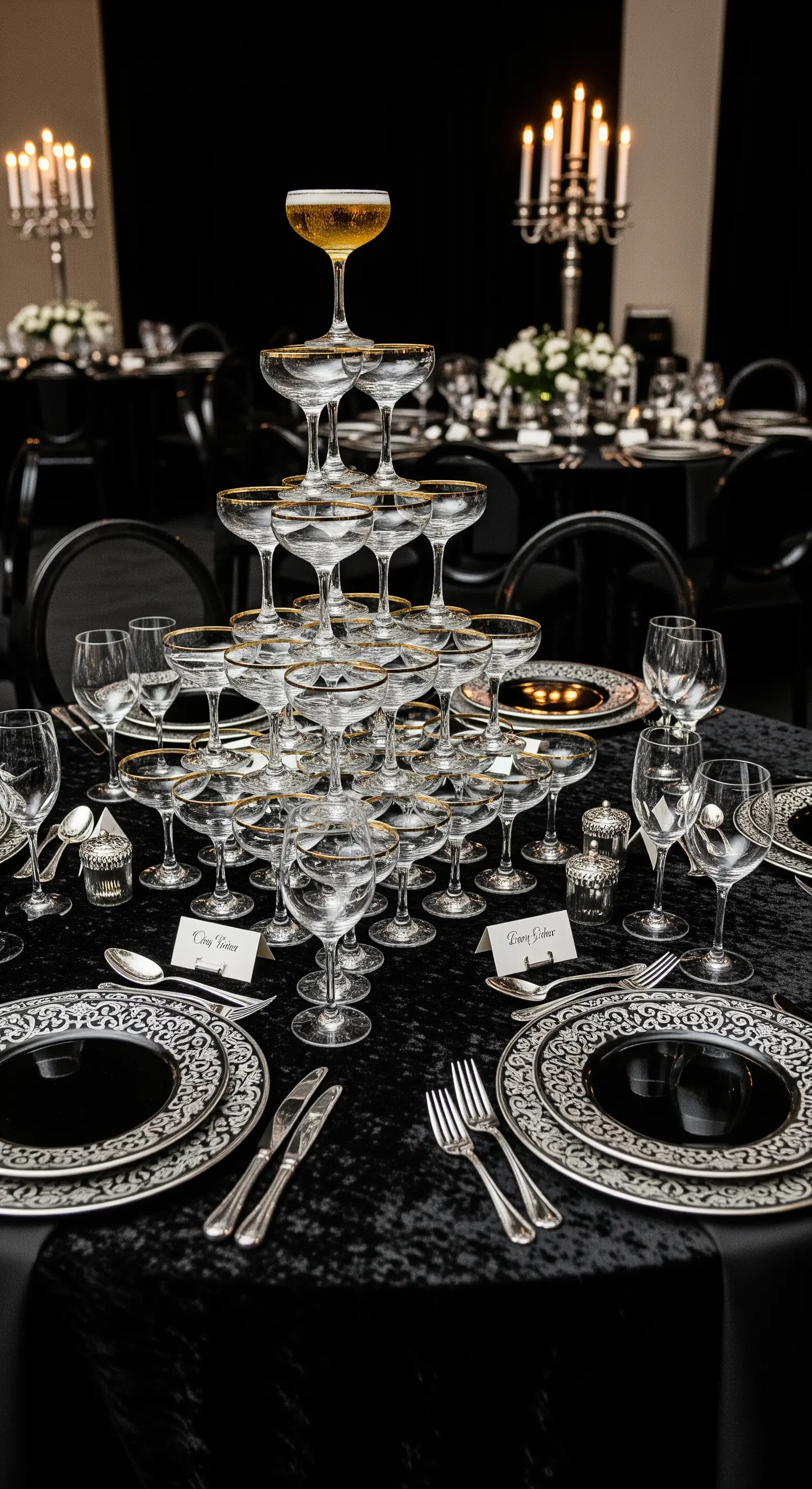 Piramide di coppe da champagne pronta per il brindisi su una tavola elegante.