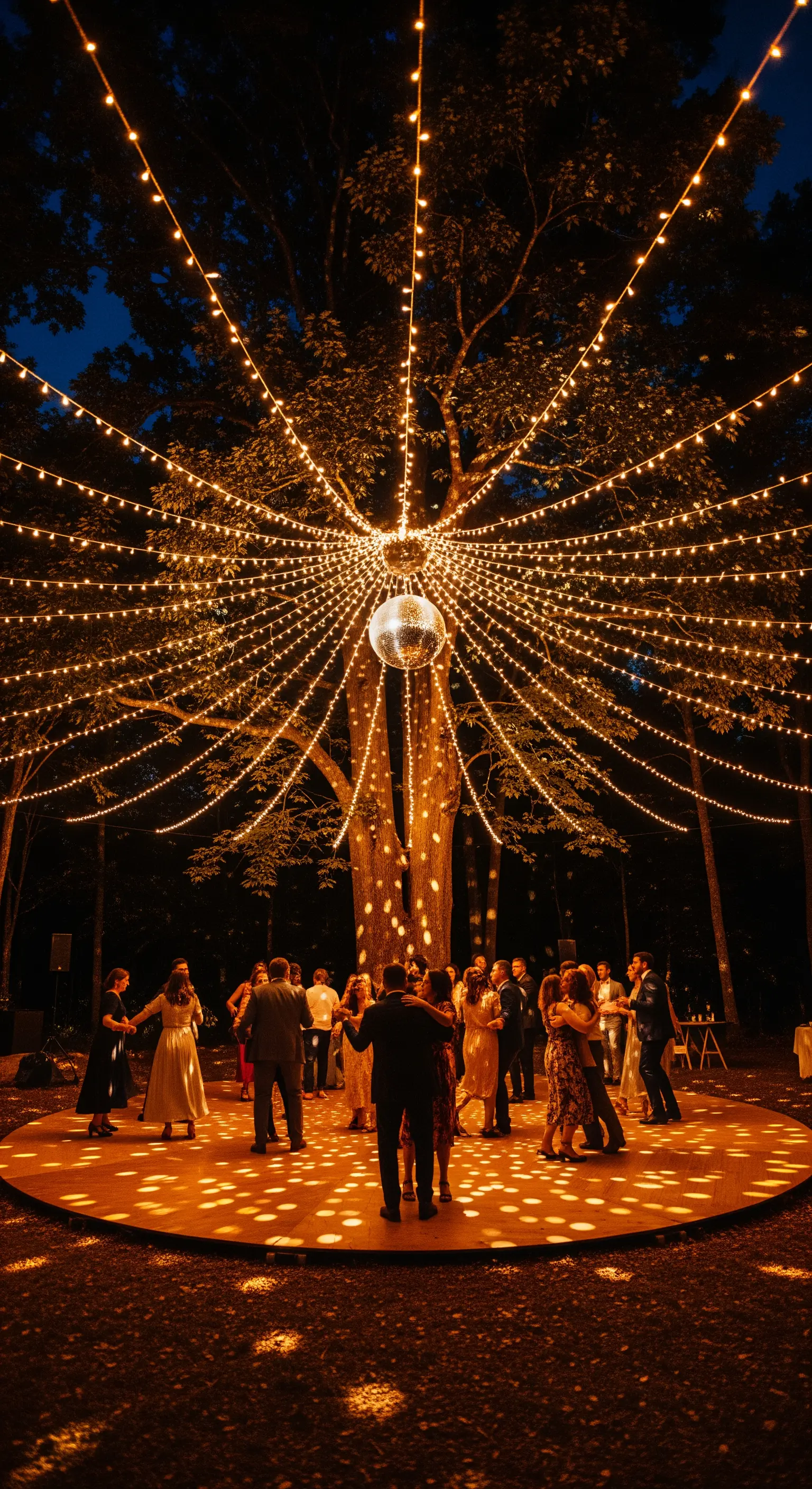 Pista da ballo all'aperto con disco ball e fili di luci che partono dal centro.