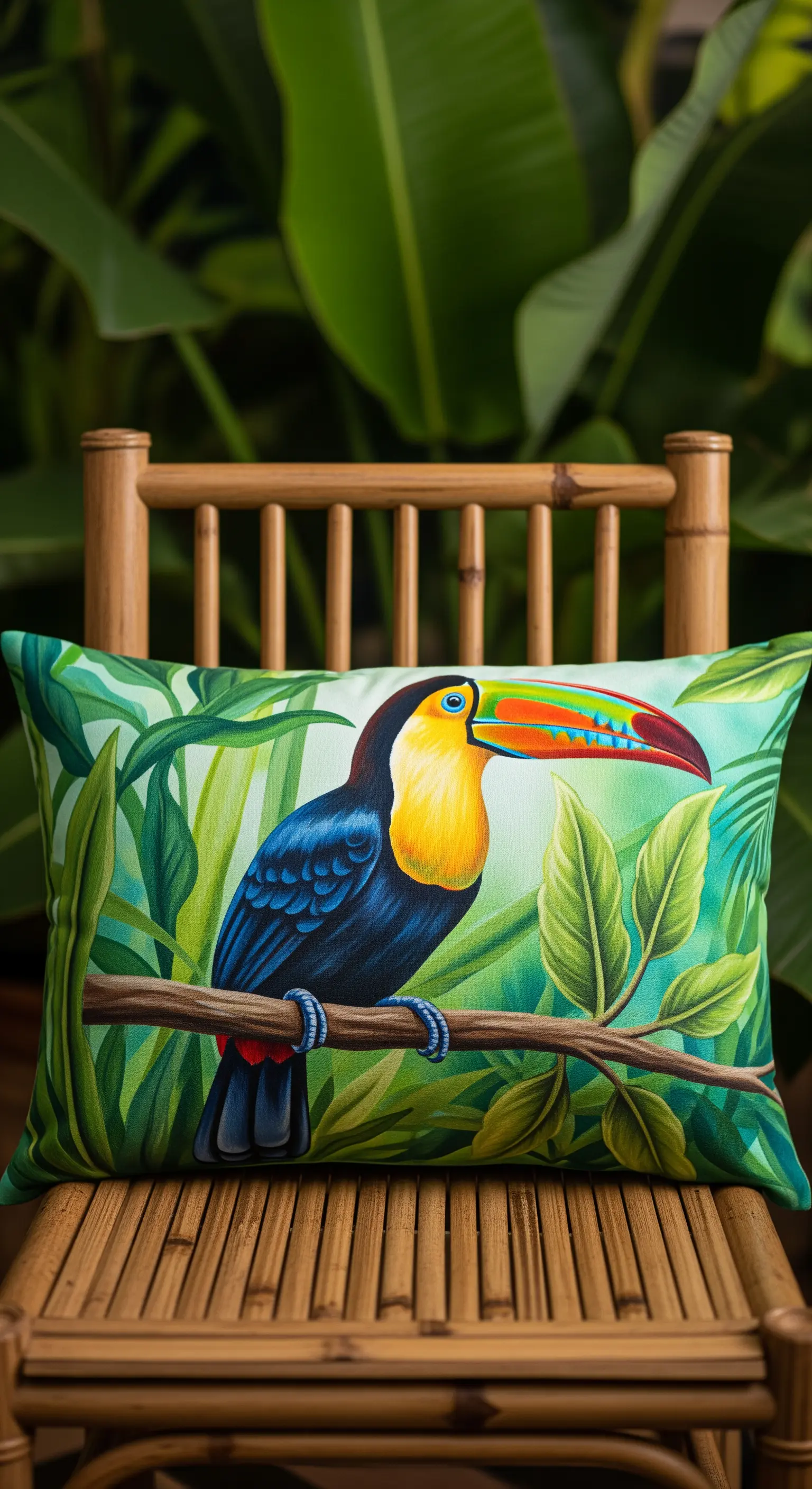 Cuscino con un tucano dipinto realisticamente, posato su un ramo in una giungla lussureggiante.