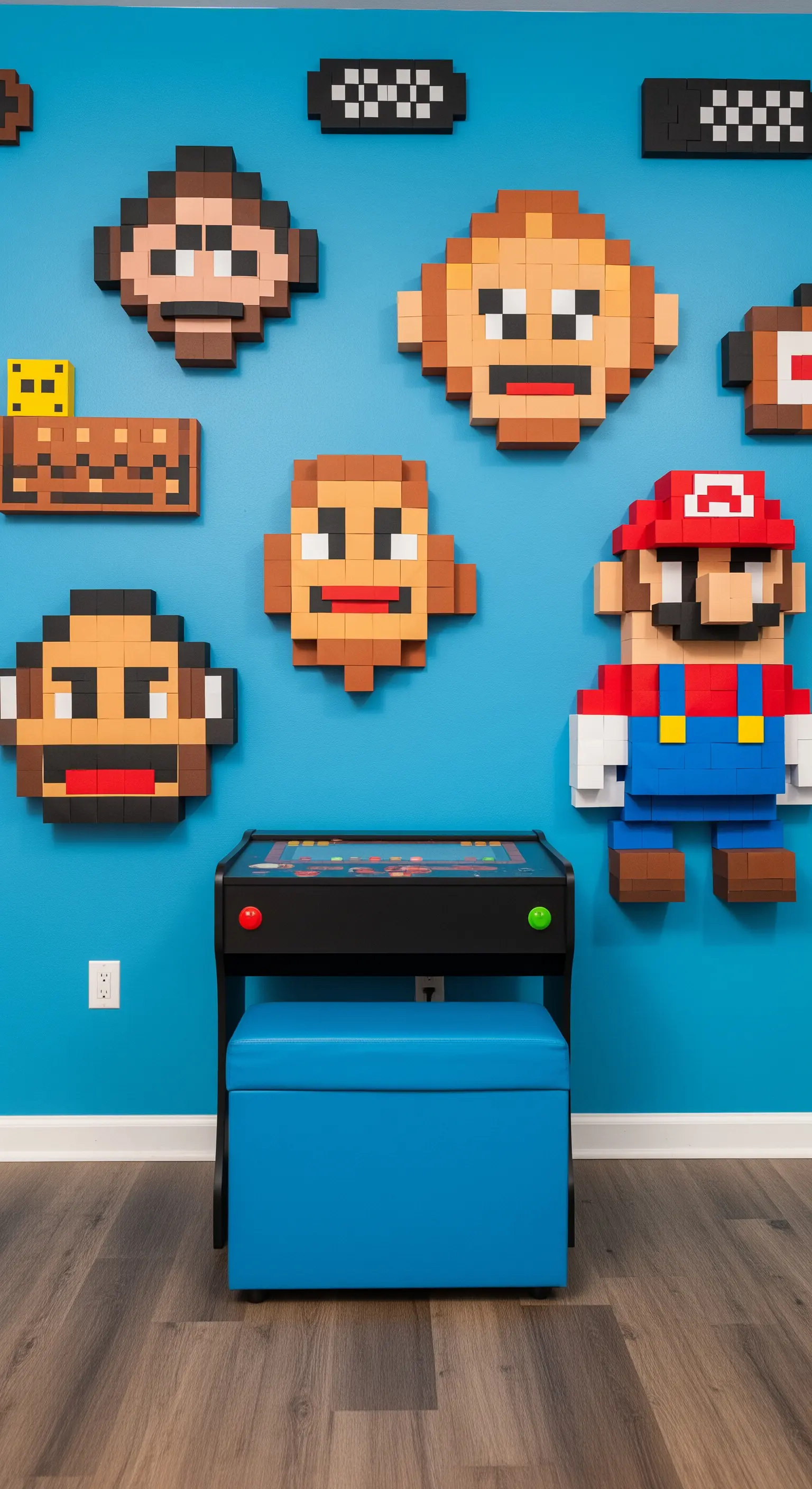 Personaggi dei videogiochi anni '80, come Mario e Donkey Kong, ricreati in 3D con blocchetti colorati.