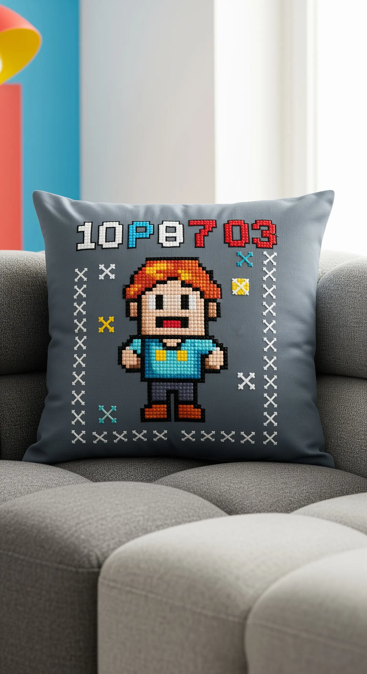 Cuscino grigio con un personaggio in stile pixel art ricamato a punto croce.