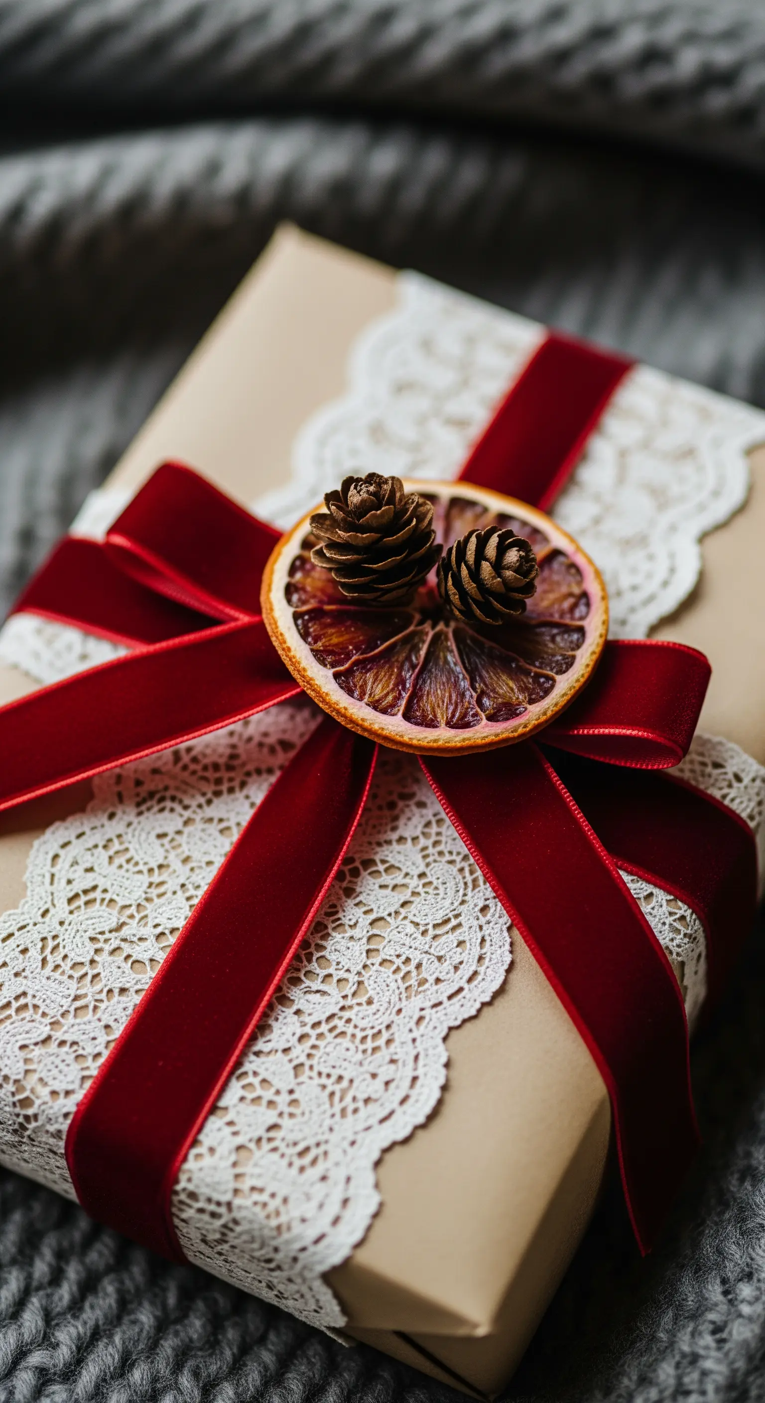 Regalo in carta kraft con pizzo bianco, nastro rosso e una fetta d'arancia essiccata.