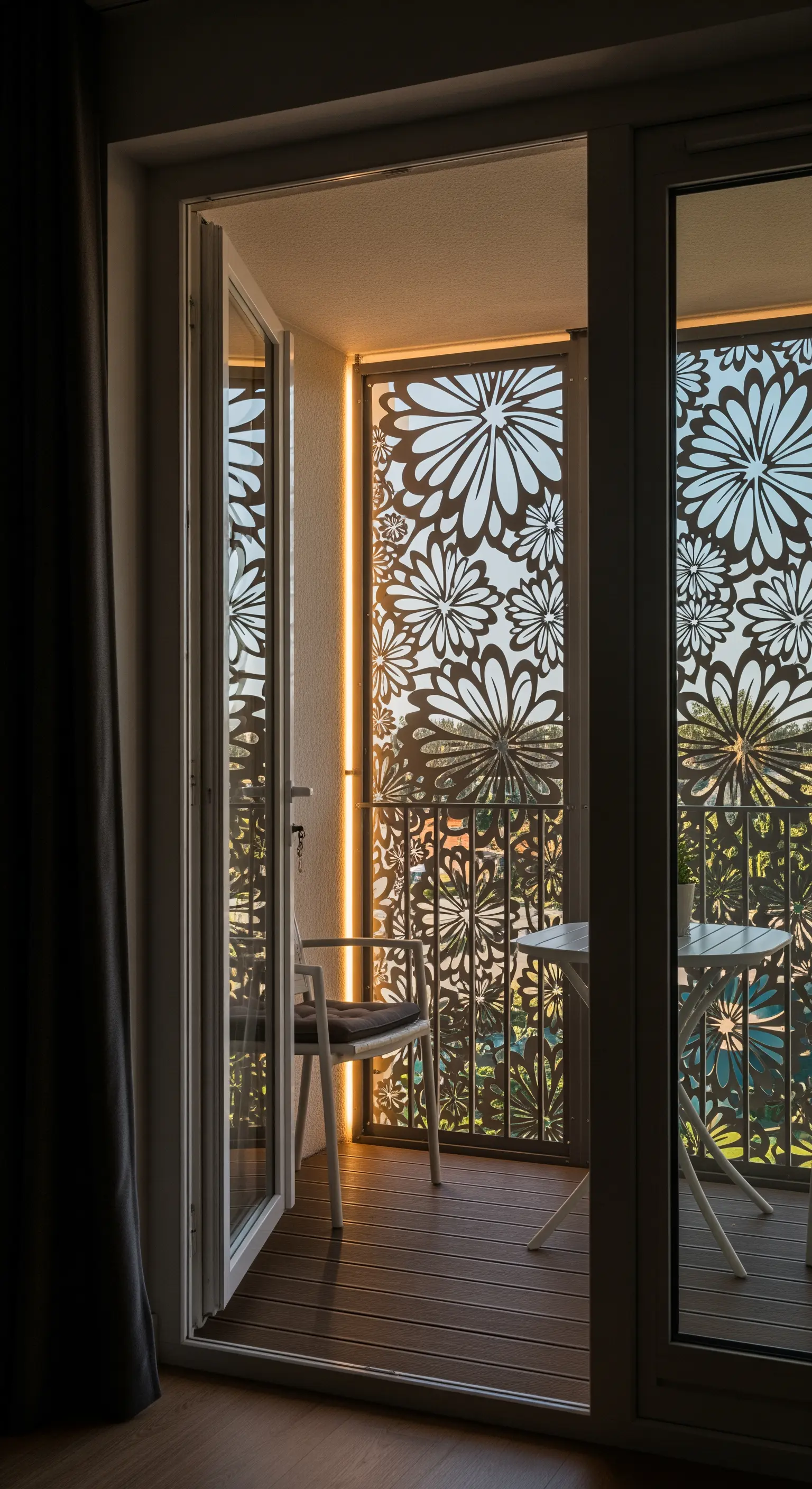 Balcone con paravento in metallo traforato a motivo floreale, illuminato da una striscia LED.