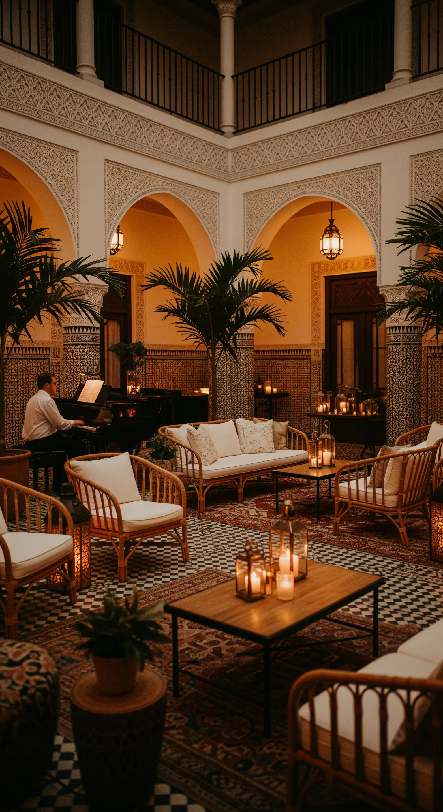 Area lounge in stile Casablanca con mobili in rattan, palme, lanterne e un pianista