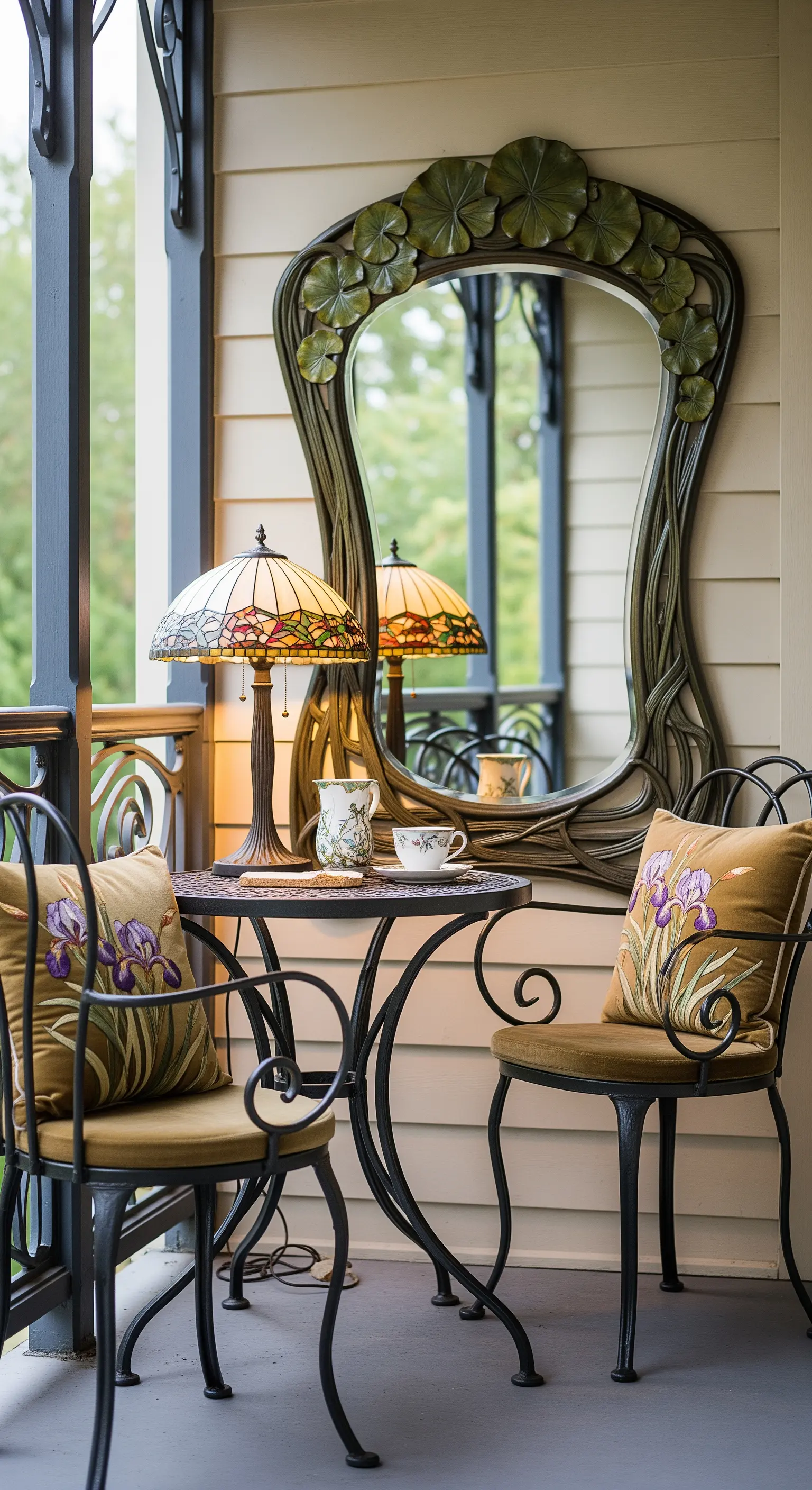 Balcone Art Nouveau con tavolo e sedie in ferro battuto e specchio a tema floreale.