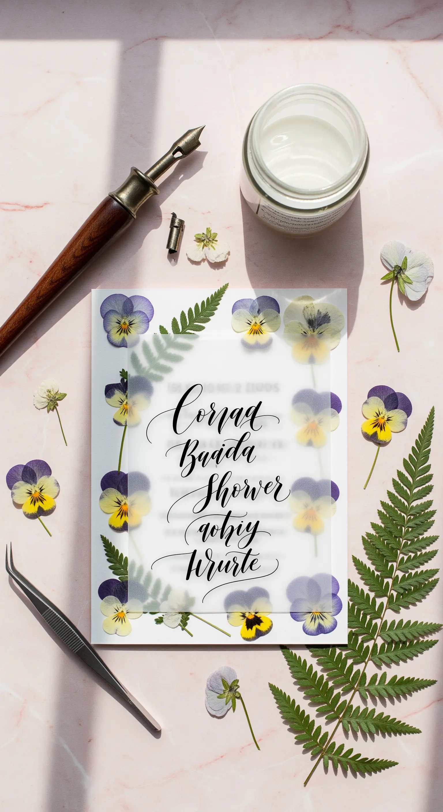 Invito calligrafico con viole del pensiero e felci pressate sotto un foglio di pergamena.