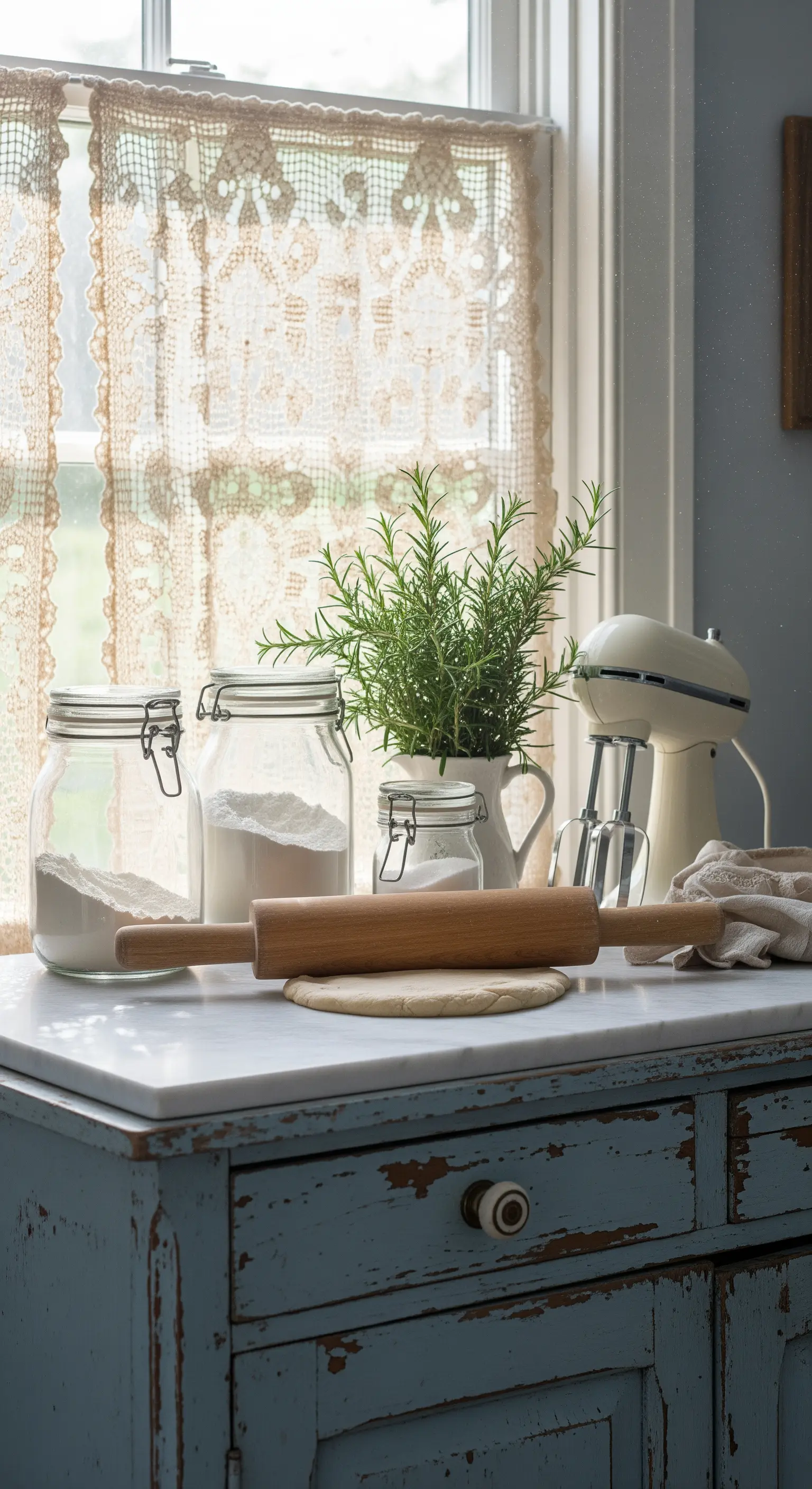 Mobile da cucina azzurro decapato con piano in marmo e tenda all'uncinetto.