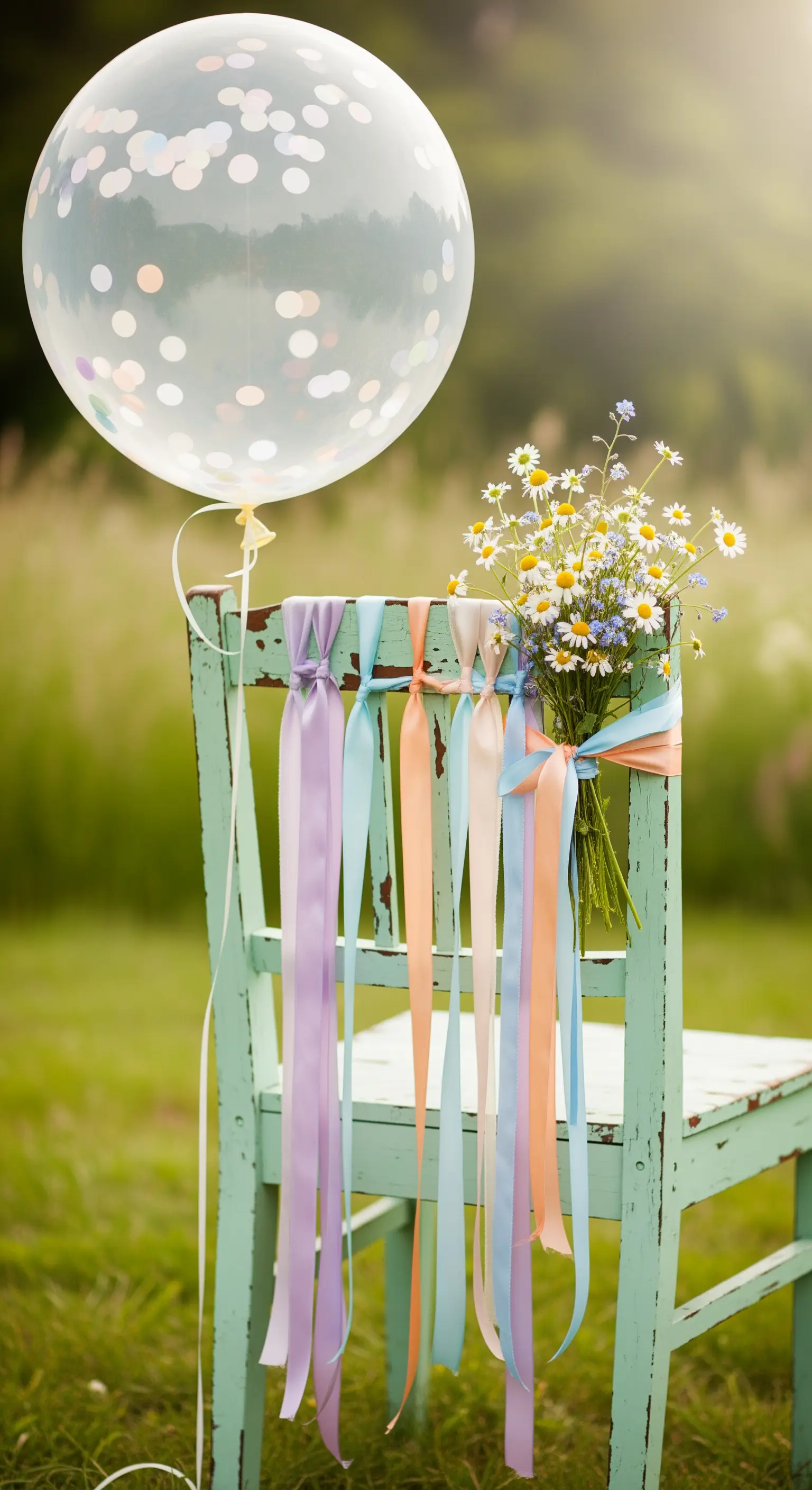 Sedia vintage verde menta con nastri pastello, fiori di campo e palloncino con coriandoli.