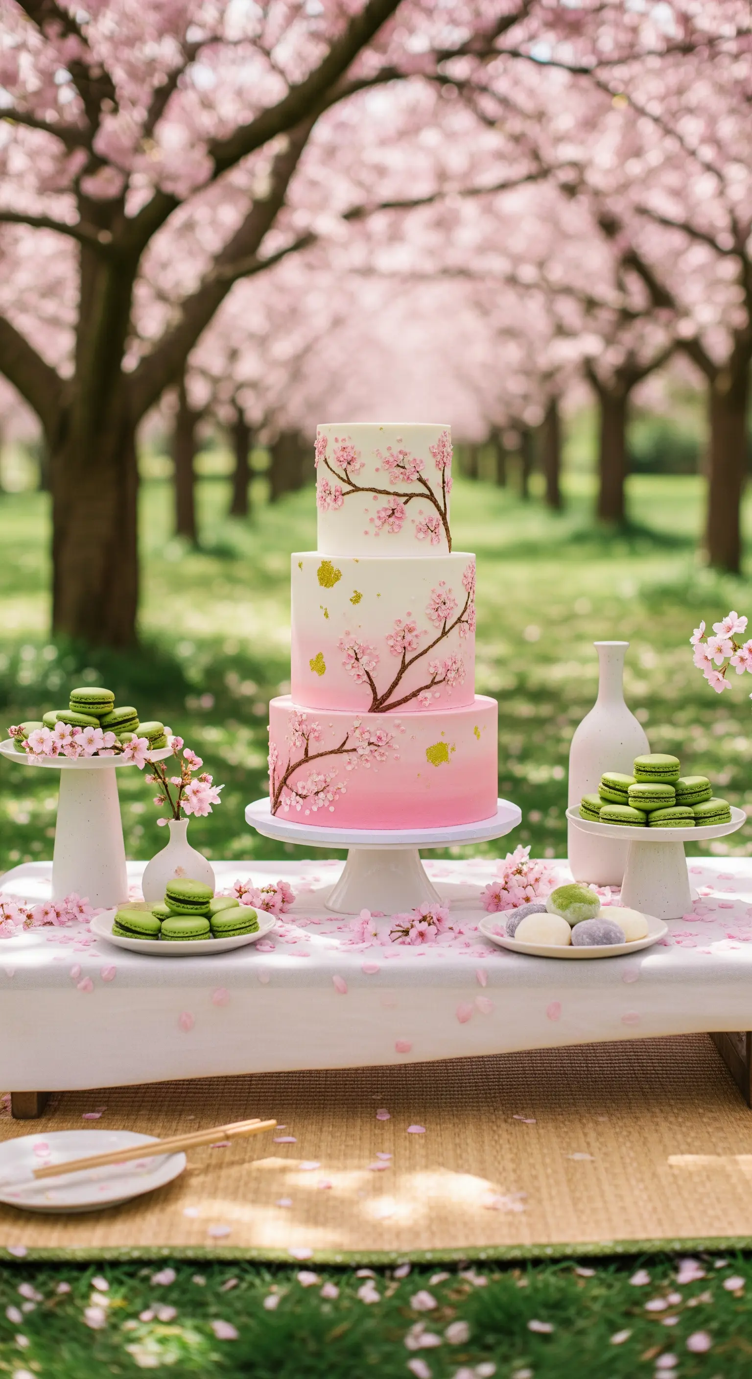 Sweet table sotto i ciliegi in fiore con torta a tema, macarons verdi e petali rosa.