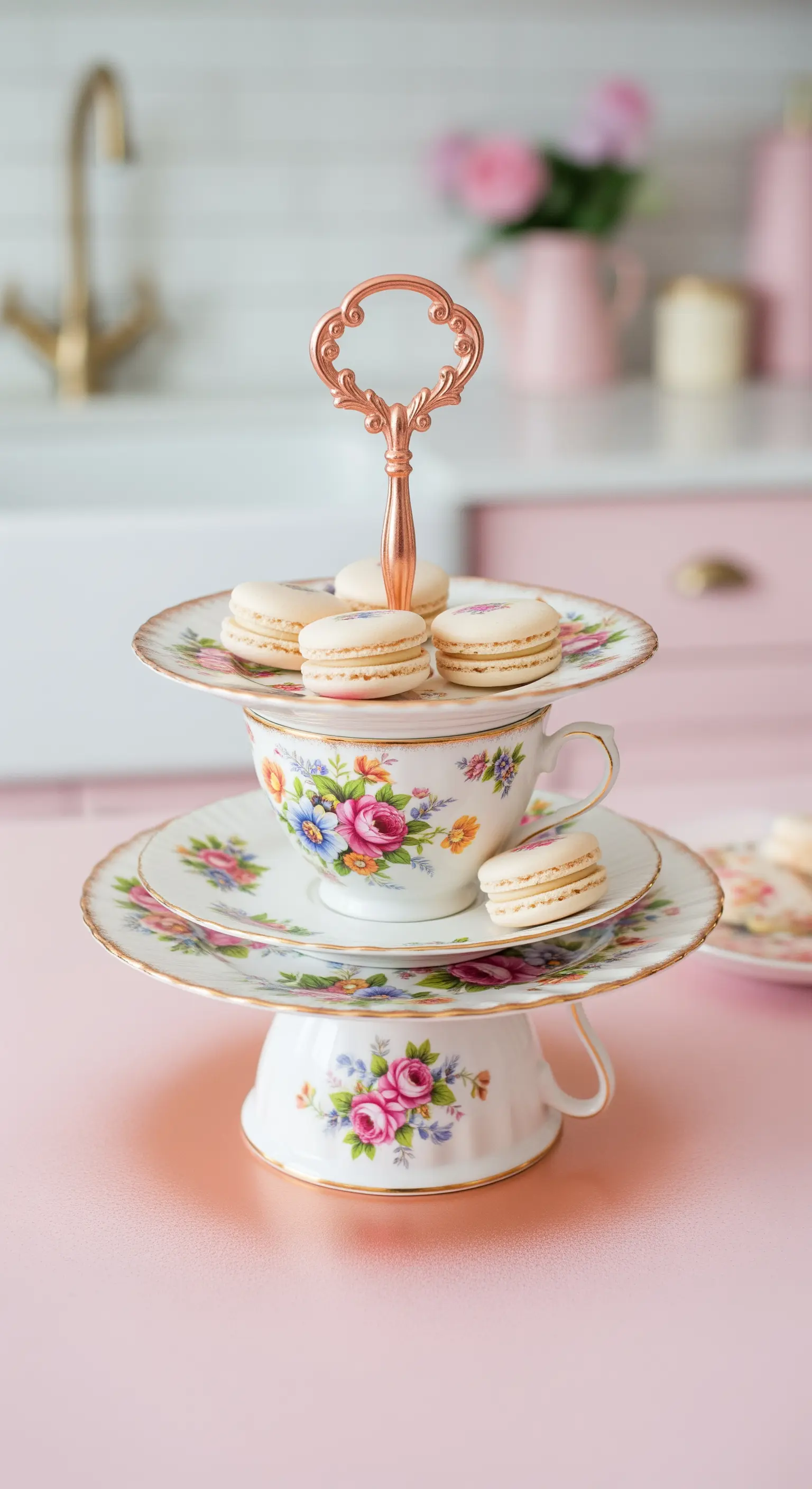 Alzata per dolci a tre livelli creata con tazze e piattini da tè floreali vintage