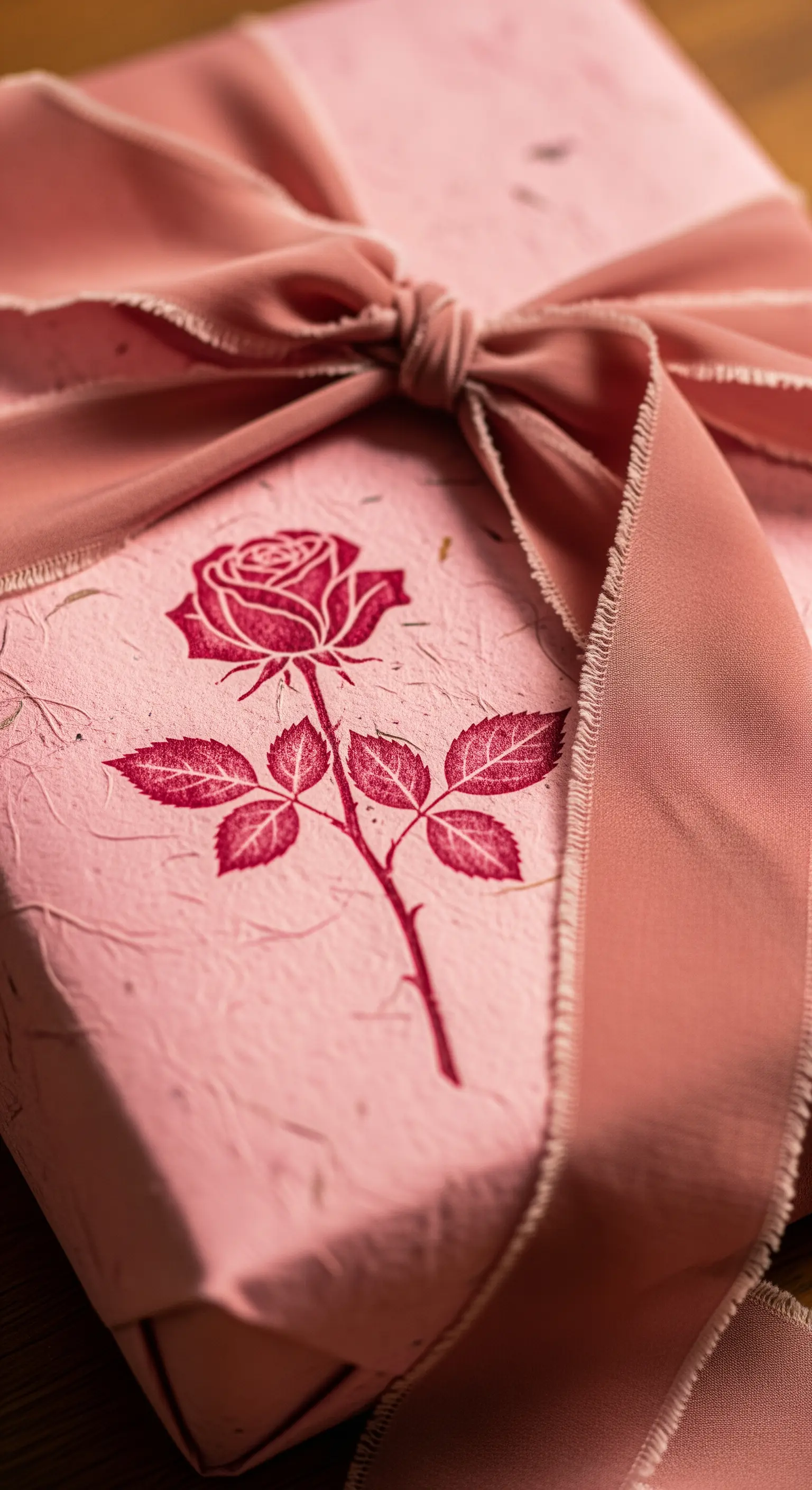 Pacco regalo in carta rosa testurizzata con un timbro a forma di rosa e un nastro sfrangiato.