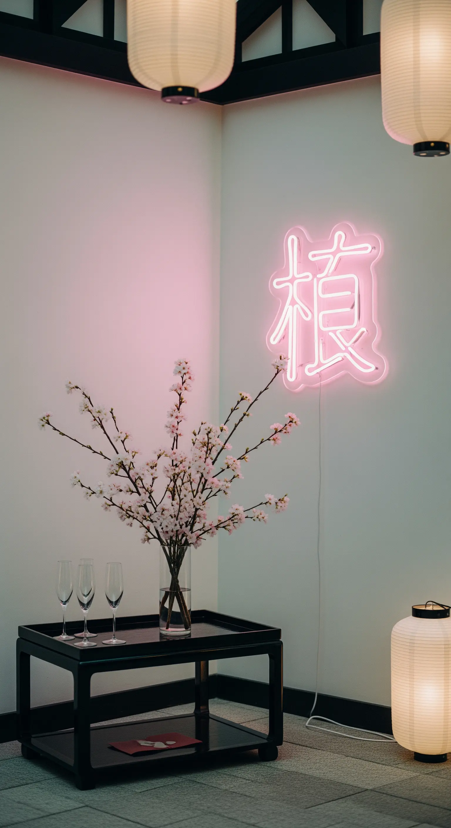 Angolo minimalista con rami di ciliegio, lanterne e un'insegna al neon rosa con un ideogramma.