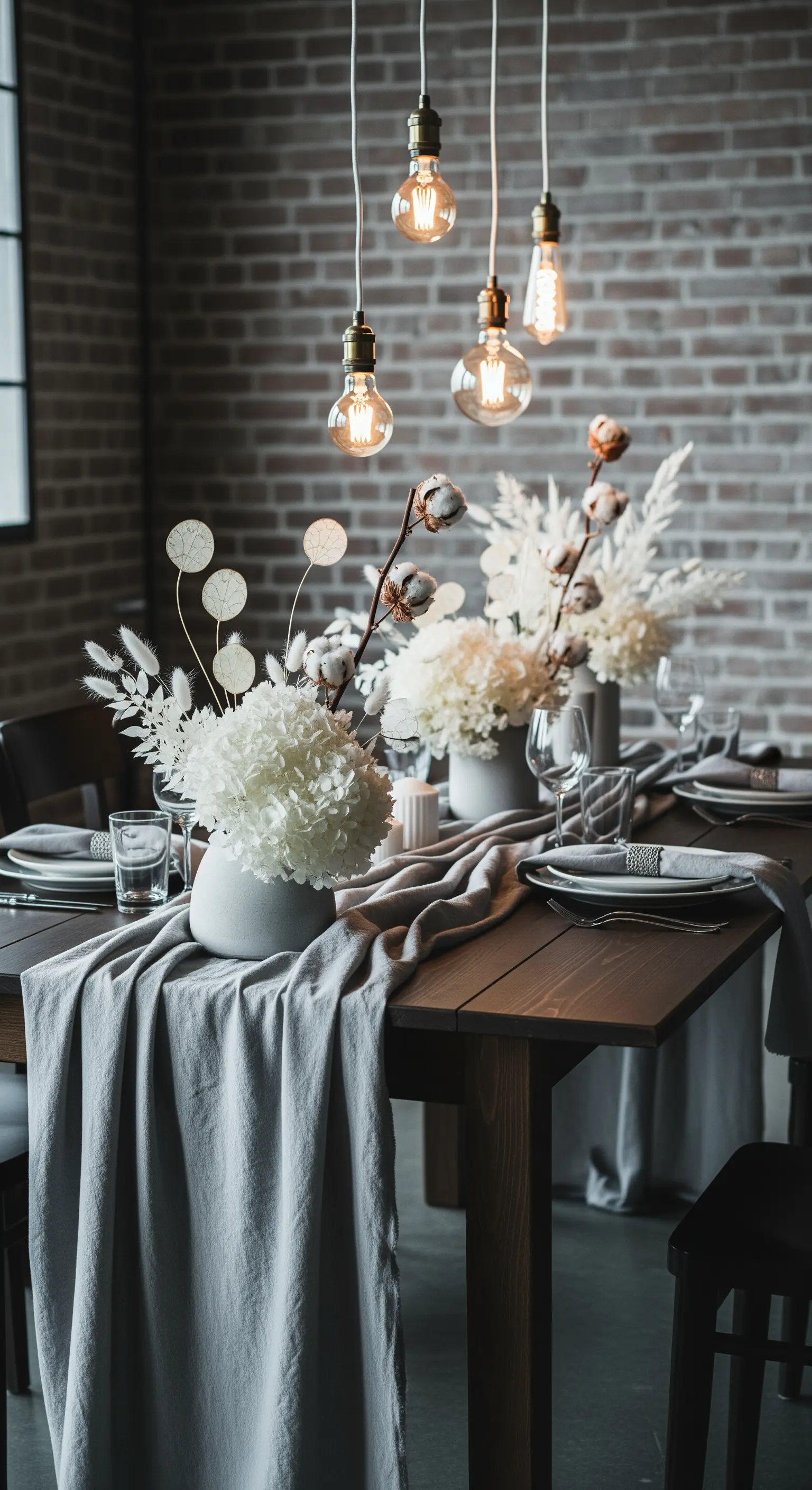 Tavolo in un ambiente industriale con fiori bianchi secchi e lampadine Edison.