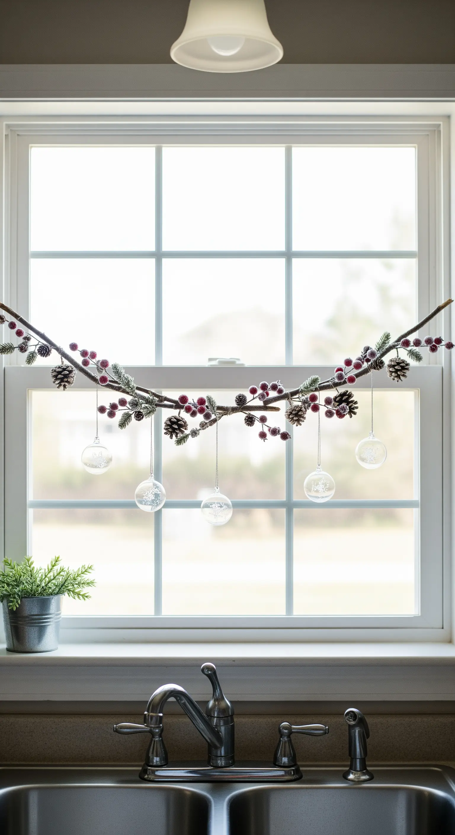 Ramo decorato con bacche e palline di vetro appeso a una finestra in cucina.