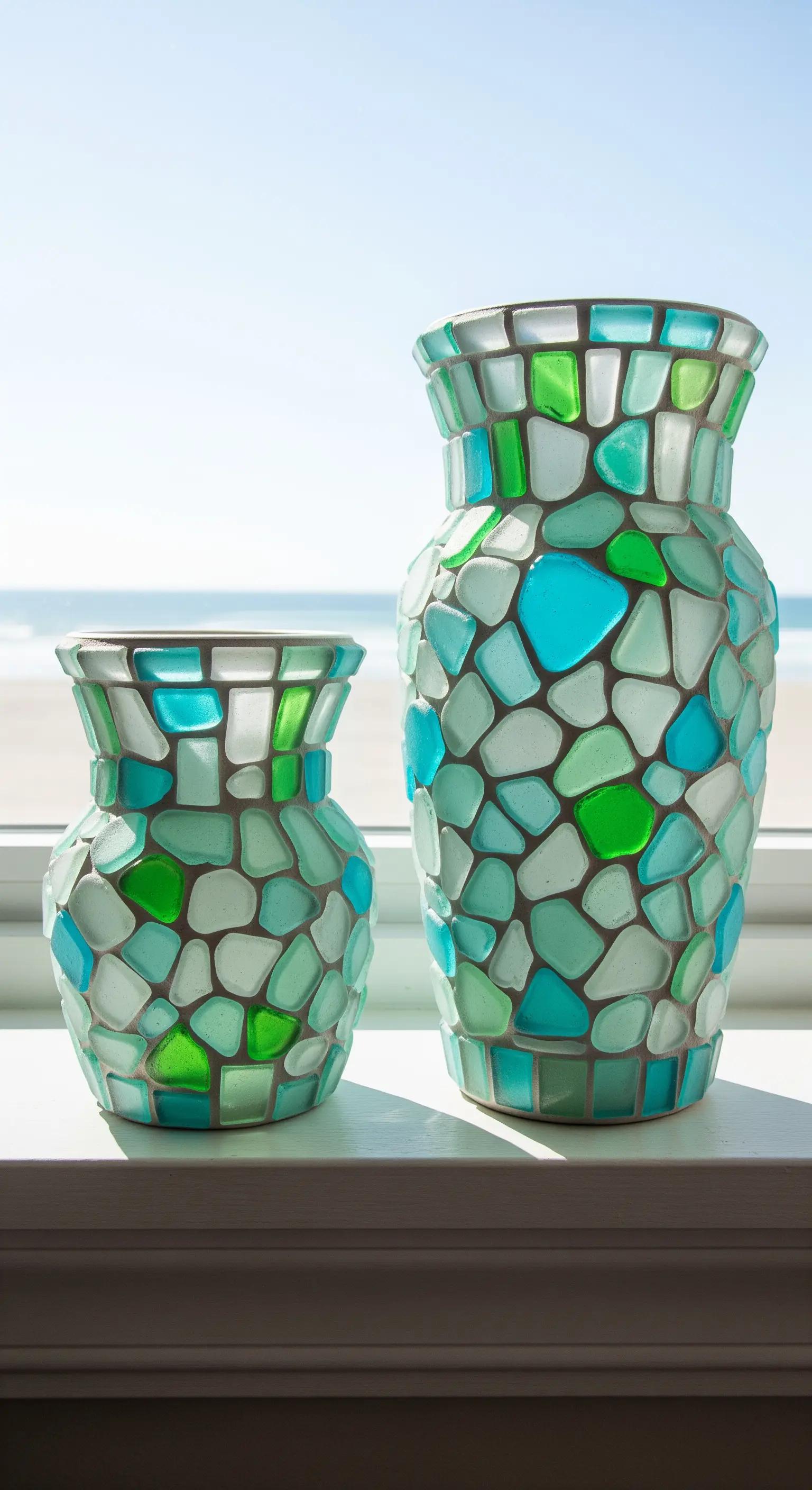 Due vasi di diverse dimensioni decorati con un mosaico di vetri di mare nei toni del verde e del bianco.