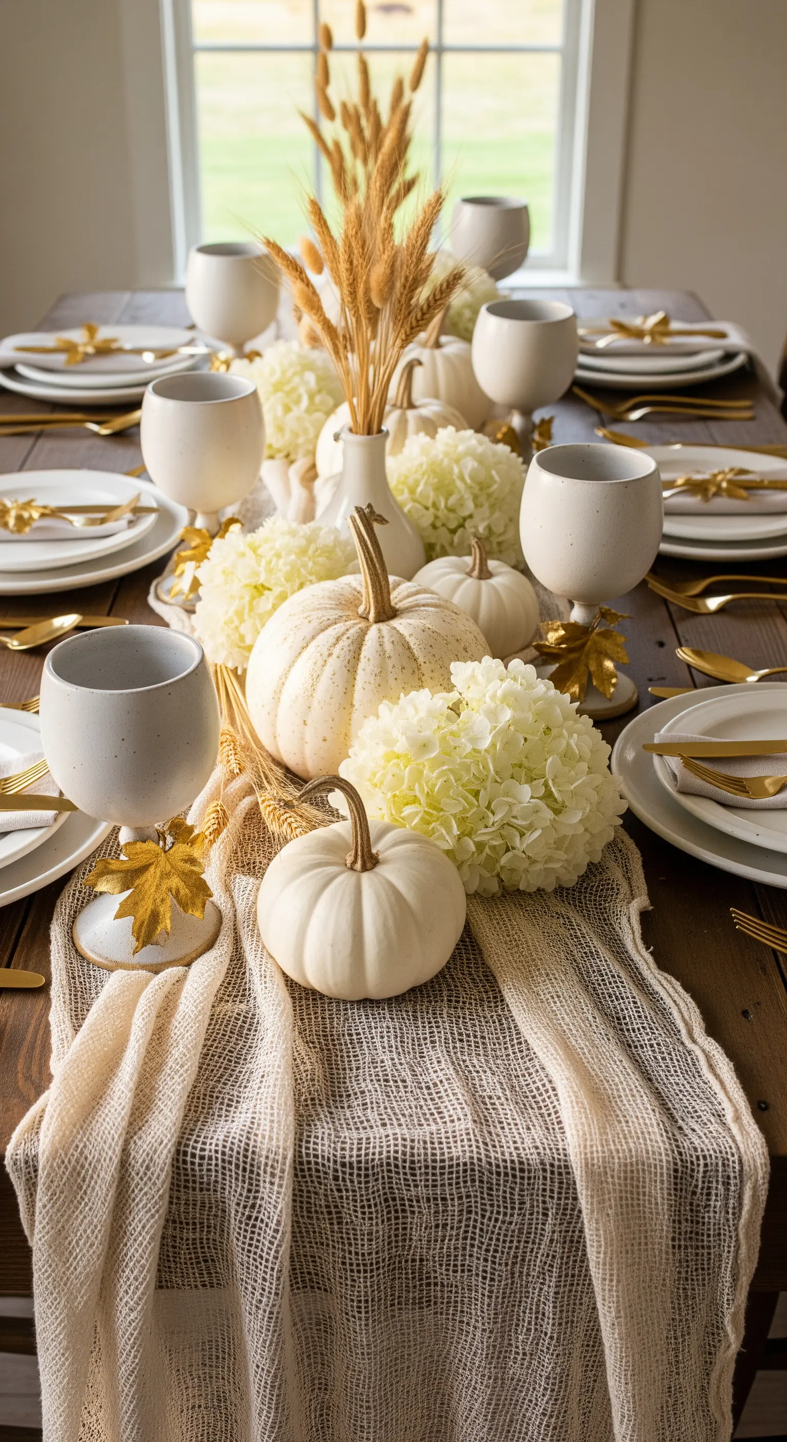 Tavola rustica con runner in garza, zucche bianche, ortensie e spighe di grano.