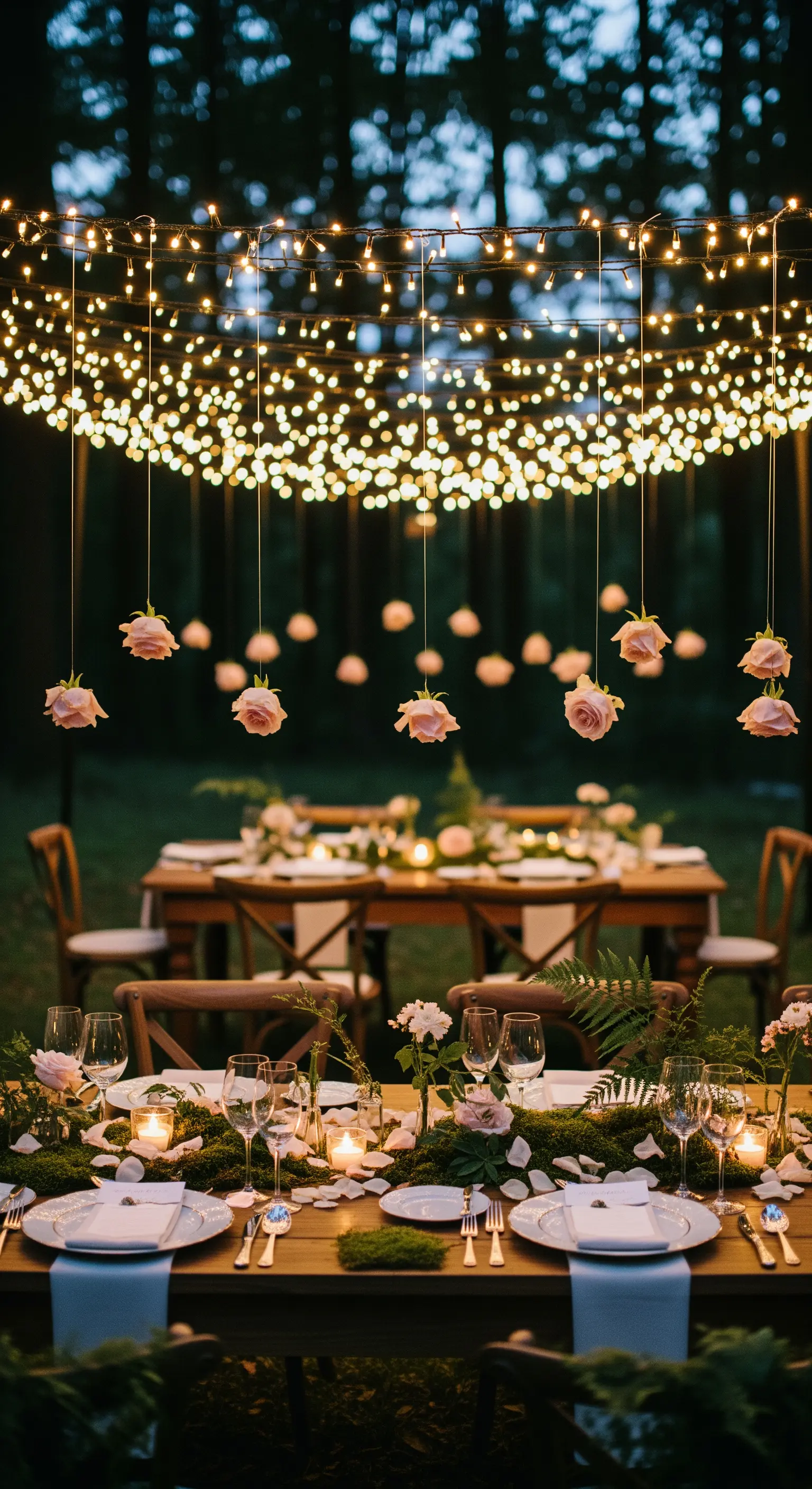 Rose rosa fluttuano sotto una tenda di lucine calde in un giardino notturno.