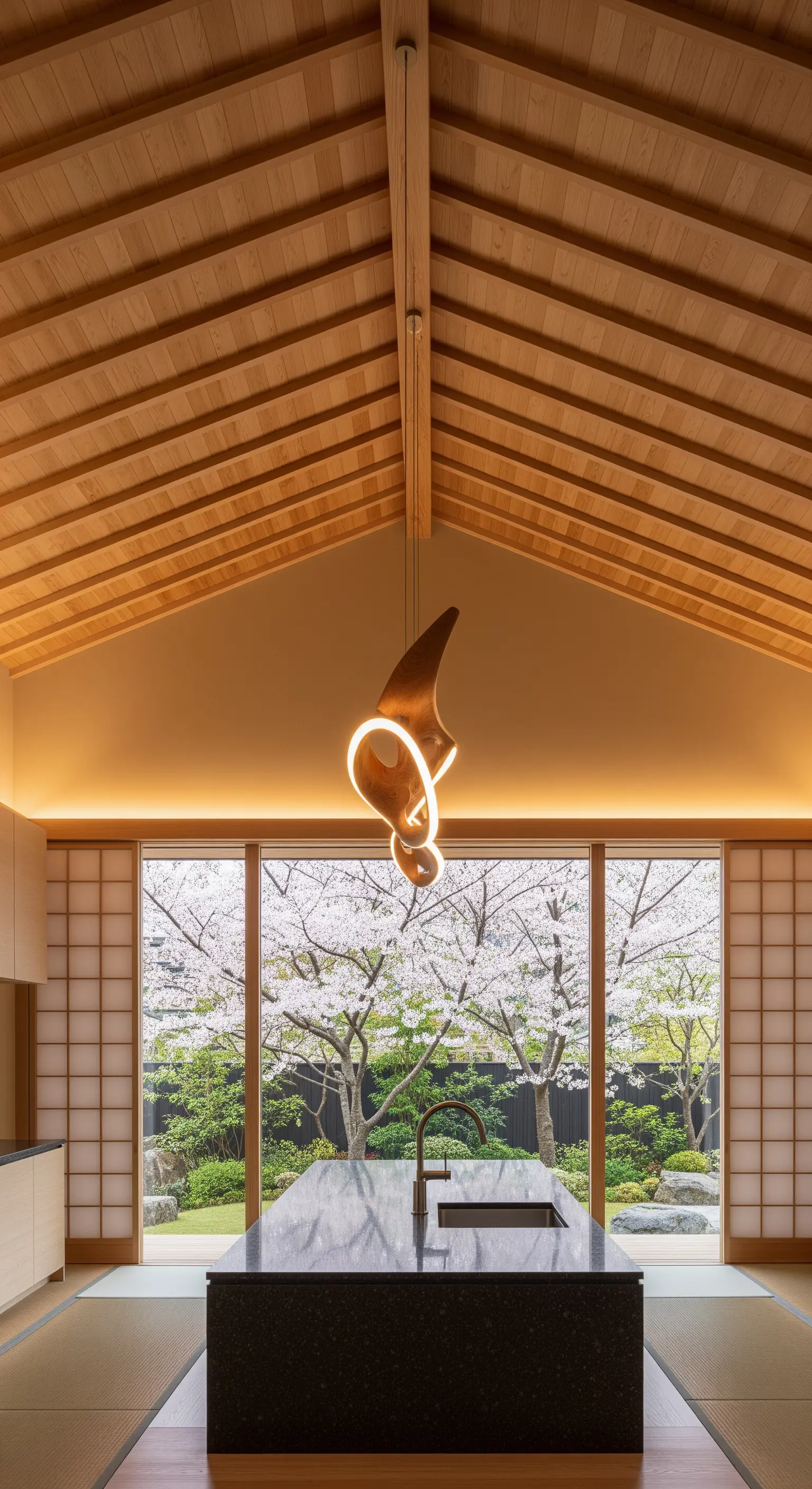 Cucina in stile giapponese con tatami, pannelli shoji e un lampadario organico in rame