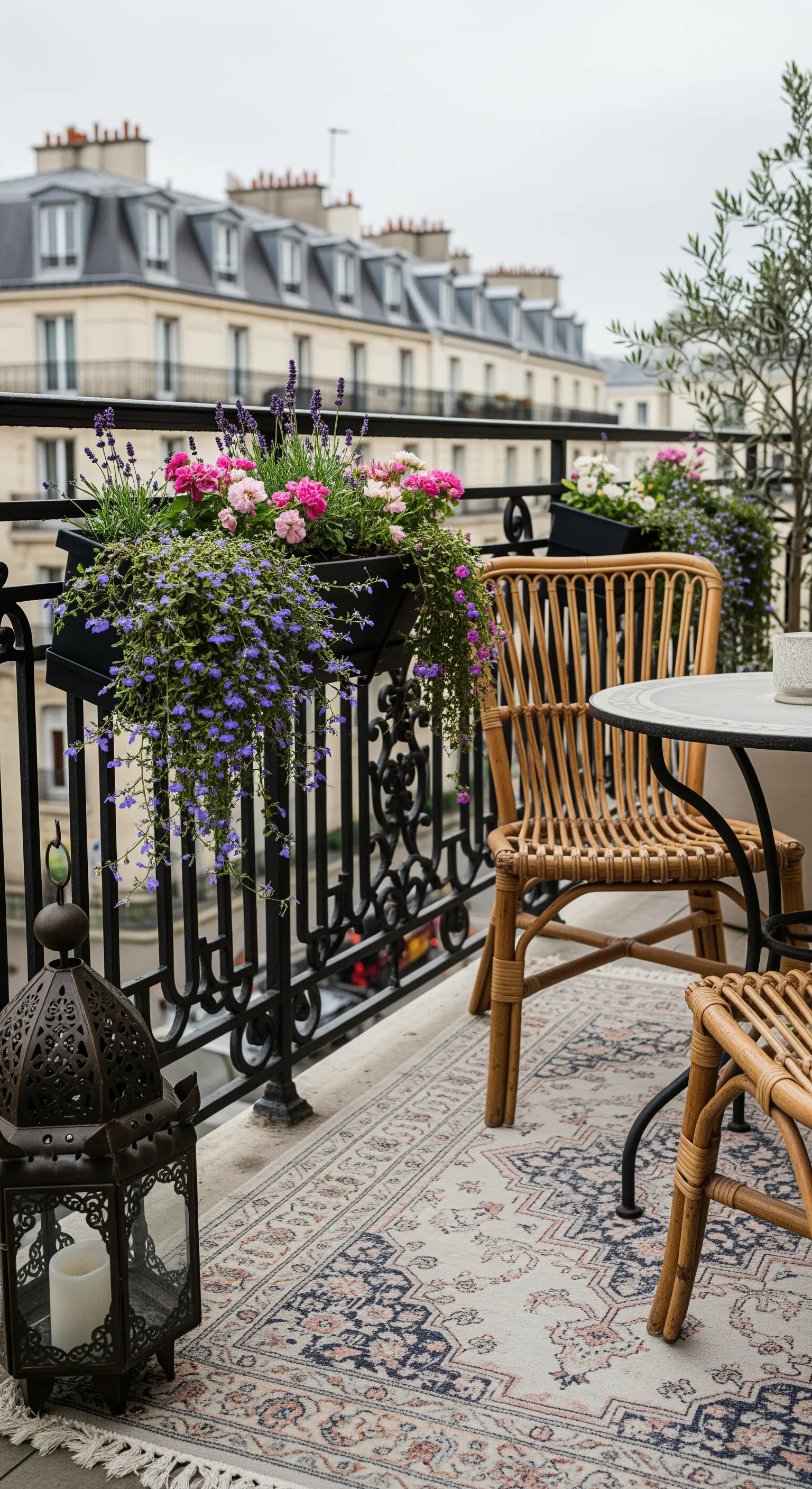 Balcone parigino con sedie in rattan, tappeto in stile persiano e fioriere.