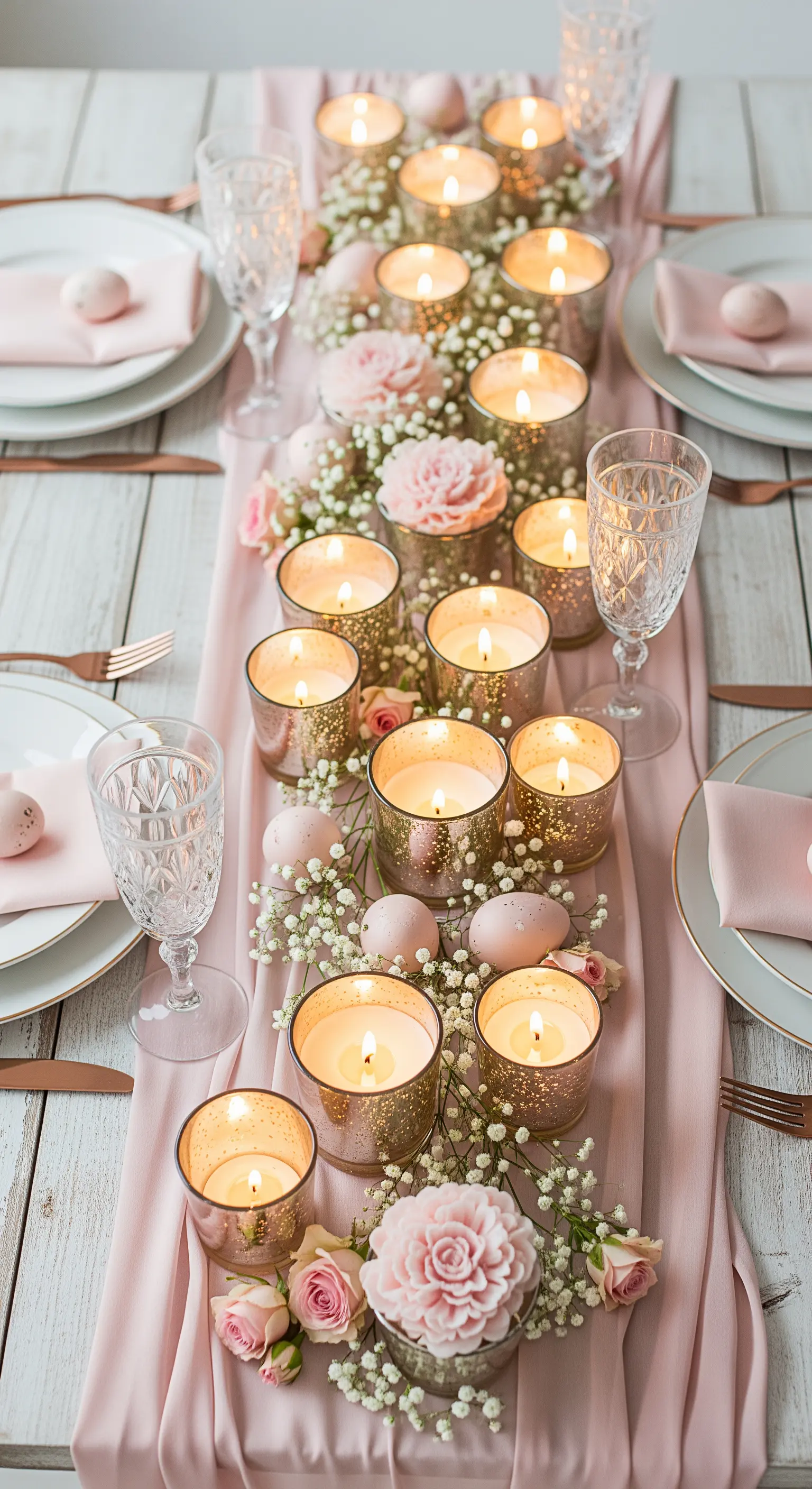 Centrotavola luminoso con candele in vasetti dorati, fiori rosa e gypsophila su runner rosa.