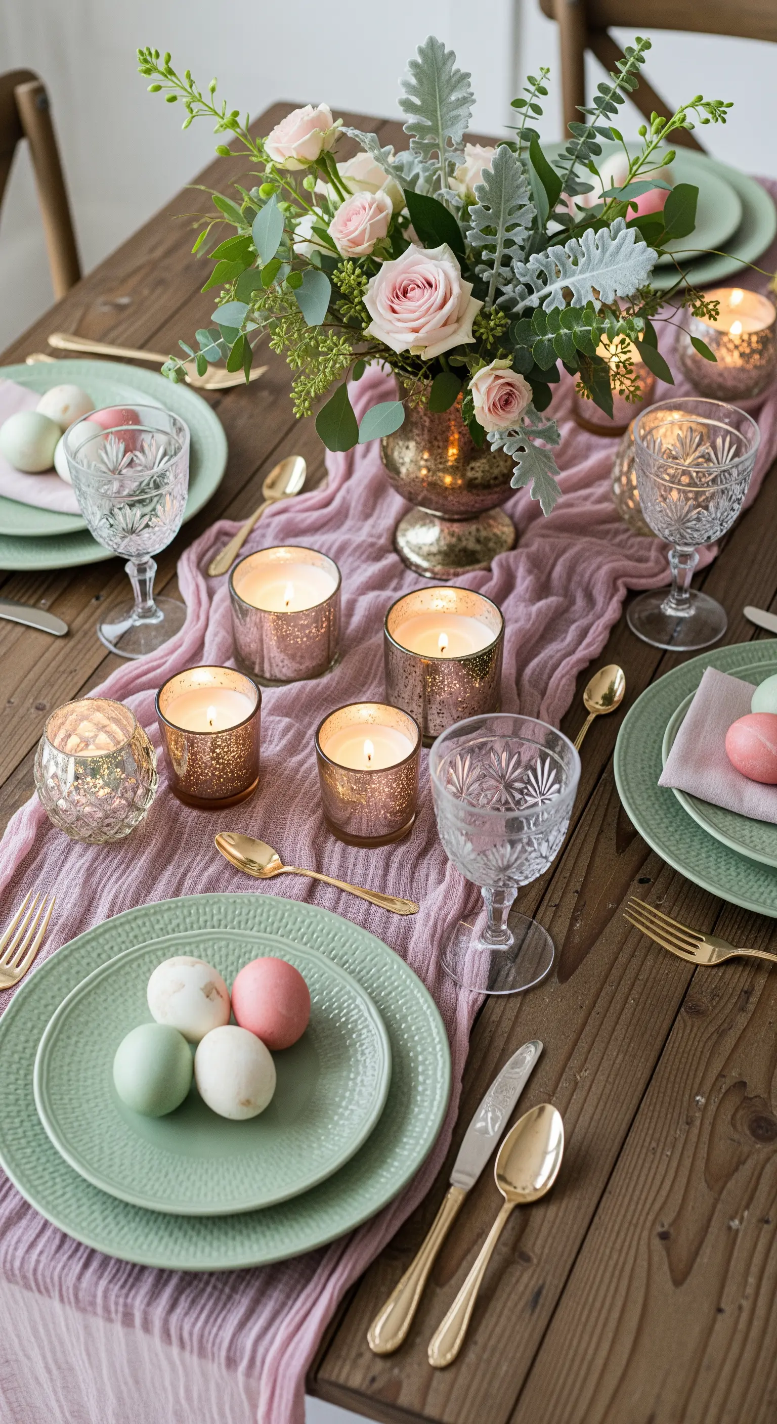 Tavola pasquale rustica con runner rosa, piatti verdi e portacandele dorati.