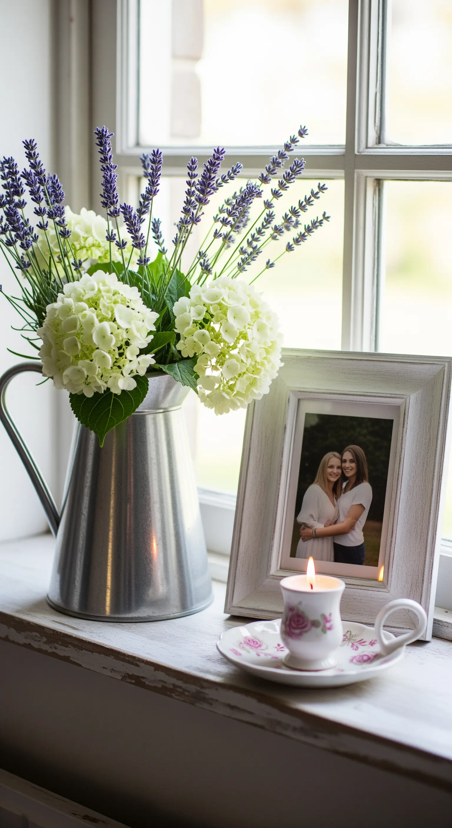 Brocca di metallo con ortensie e lavanda, accanto a una cornice bianca e una candela a tazza.