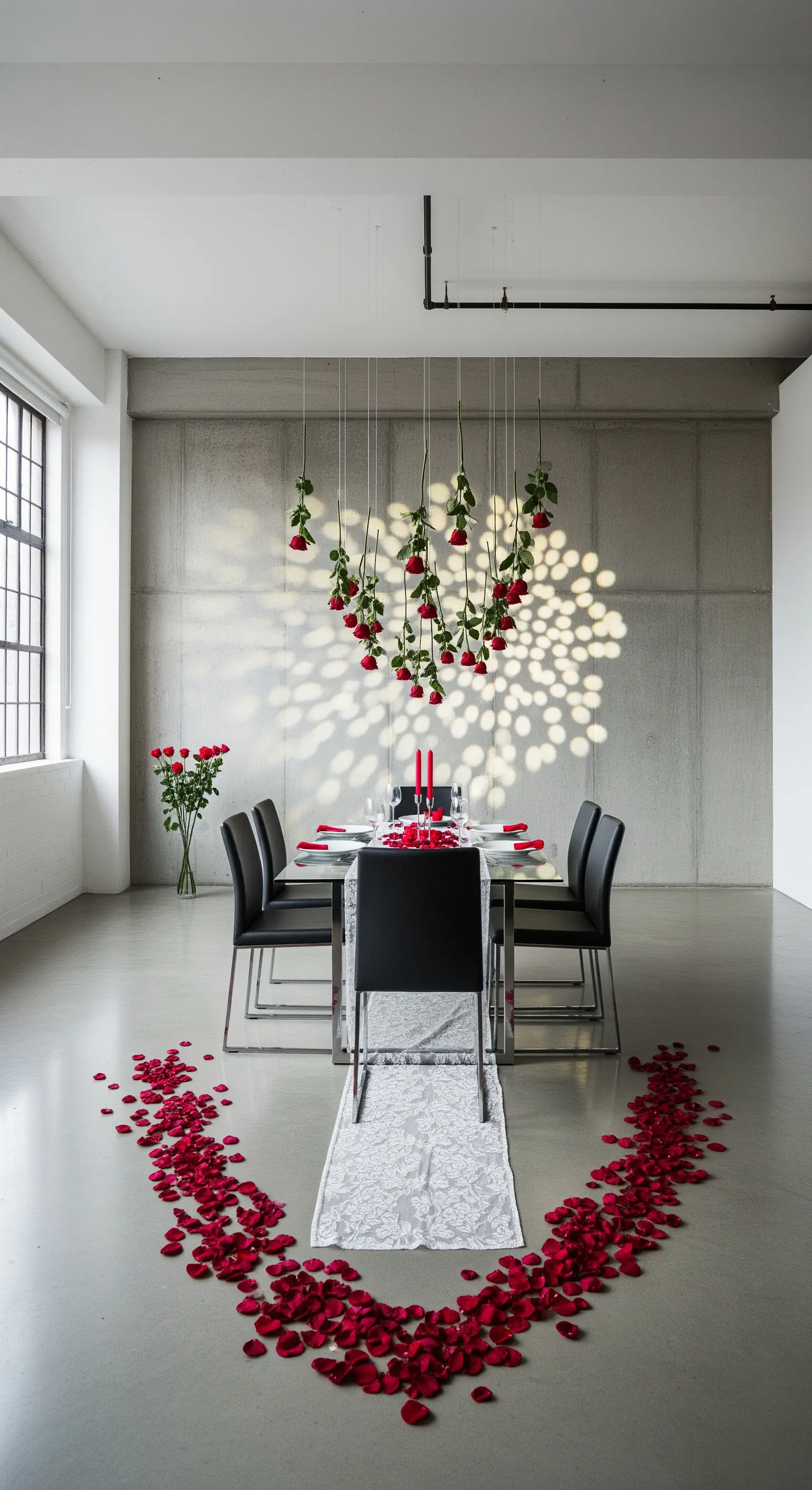 Sala da pranzo moderna con rose rosse appese a forma di cuore sopra un tavolo minimalista.