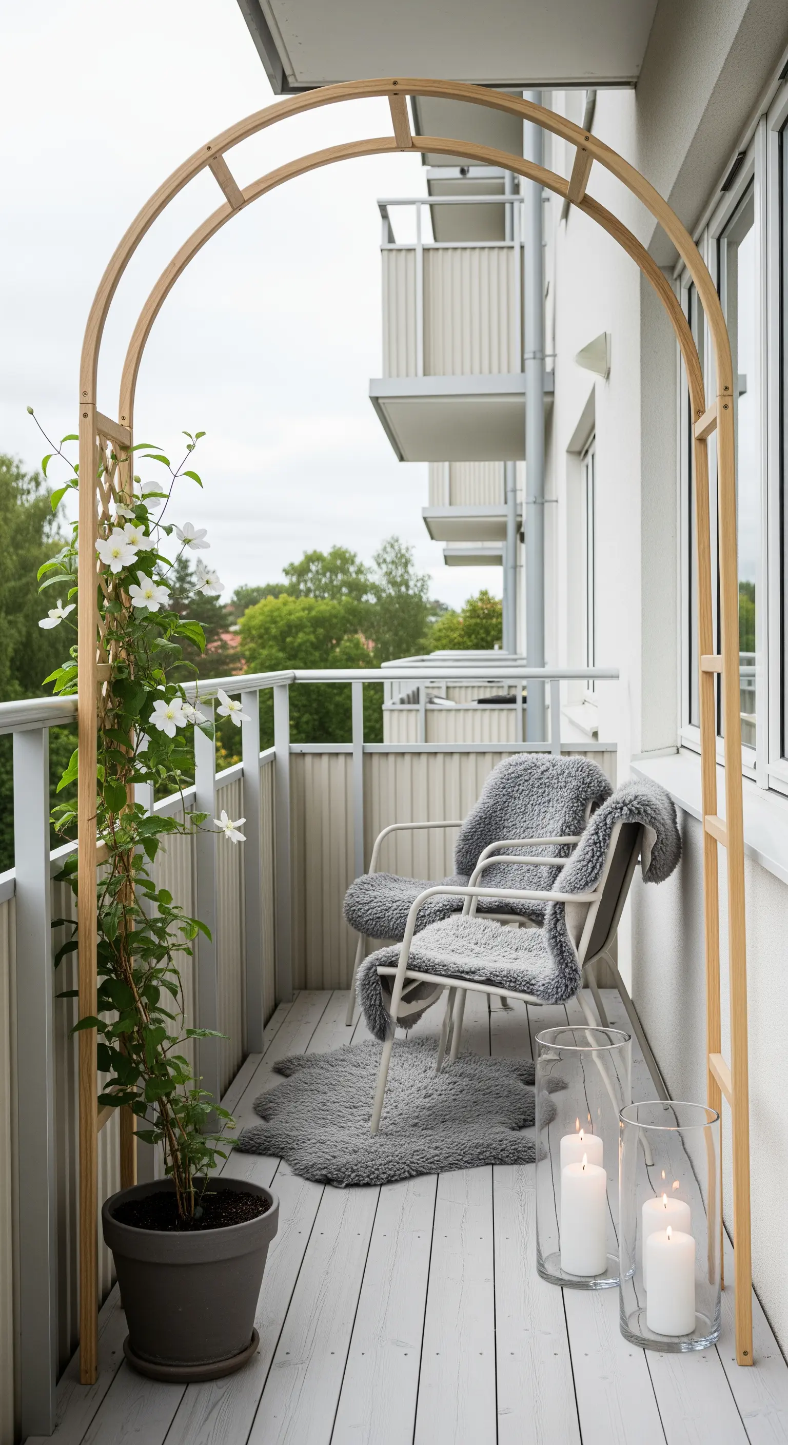 Balcone moderno con arco in legno chiaro, sedie grigie e un piccolo rampicante.