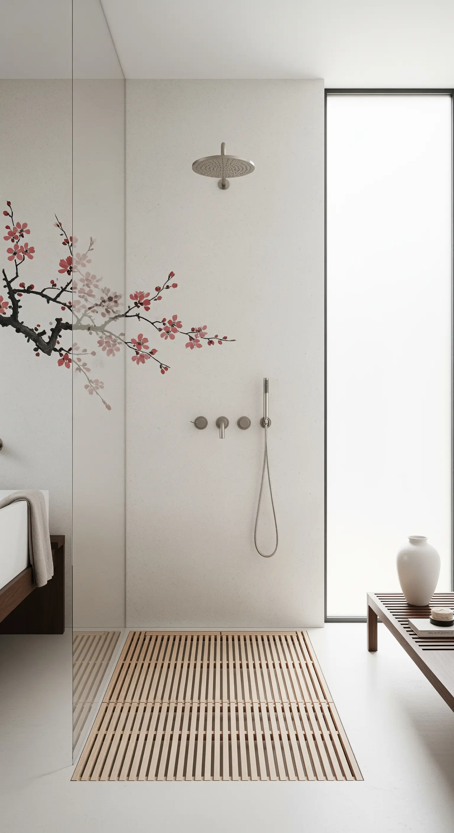 Doccia minimalista con parete in microcemento, pittura di rami di ciliegio e pedana in legno.