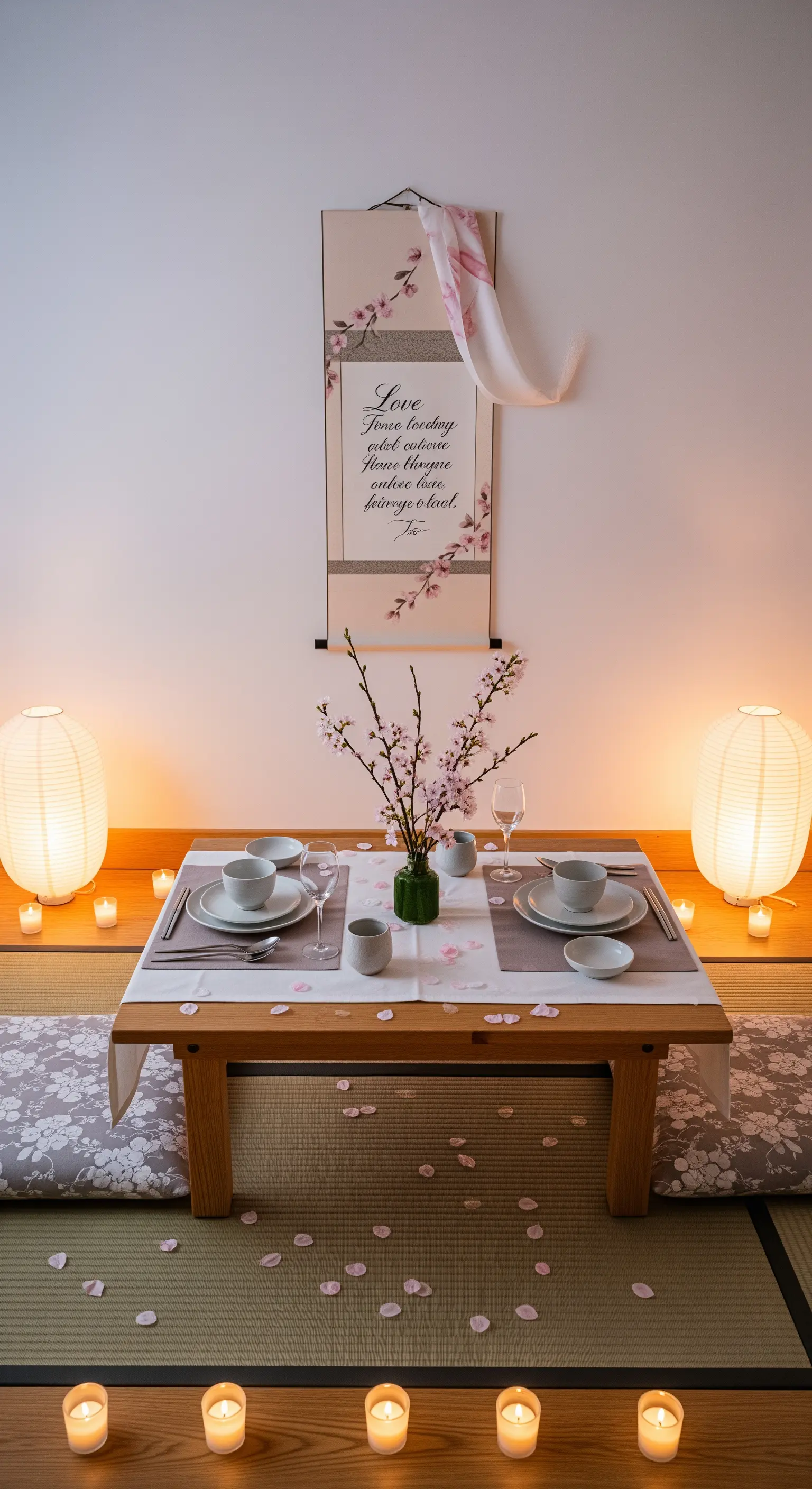 Cena romantica in stile giapponese con tavolo basso, lanterne di carta e rami di ciliegio.