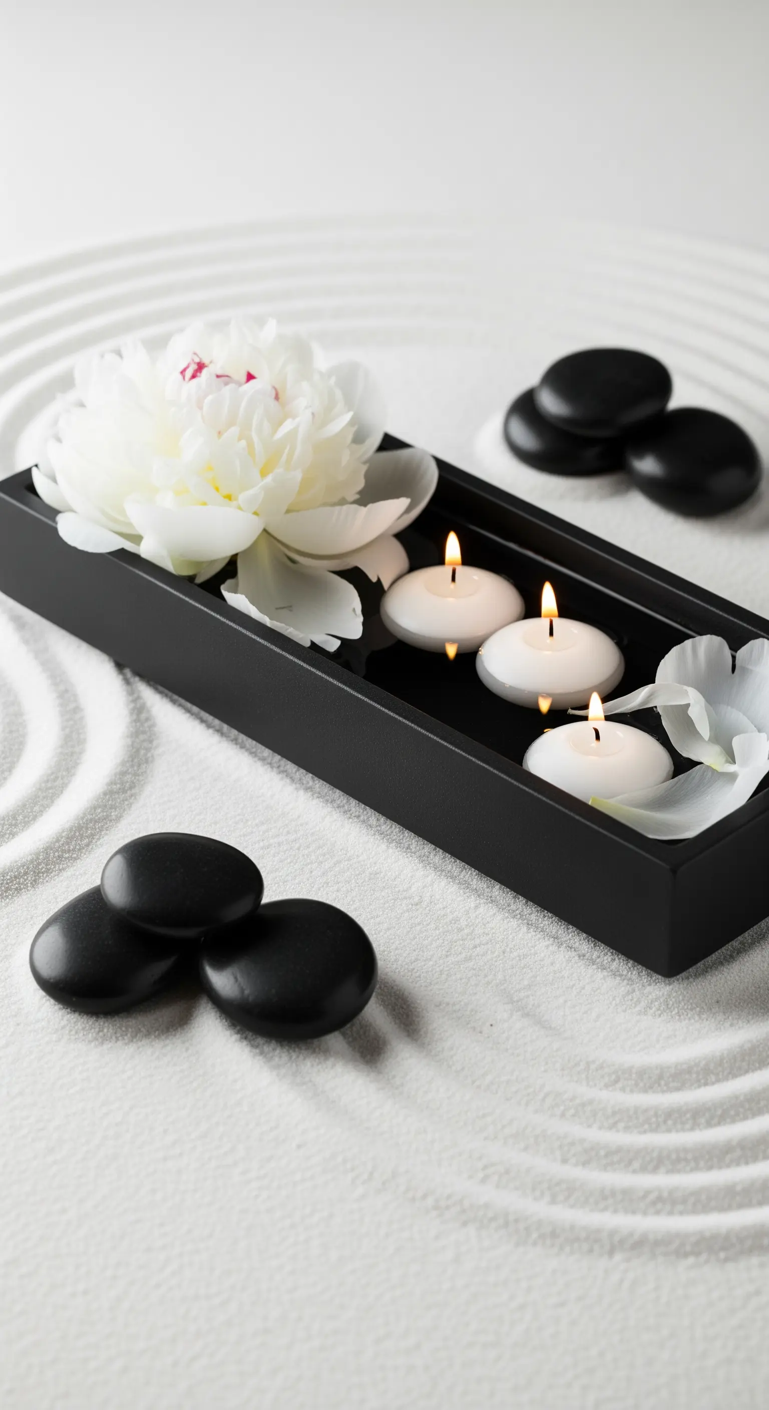 Composizione zen con sabbia bianca, vassoio nero con peonia e candele, e pietre levigate.