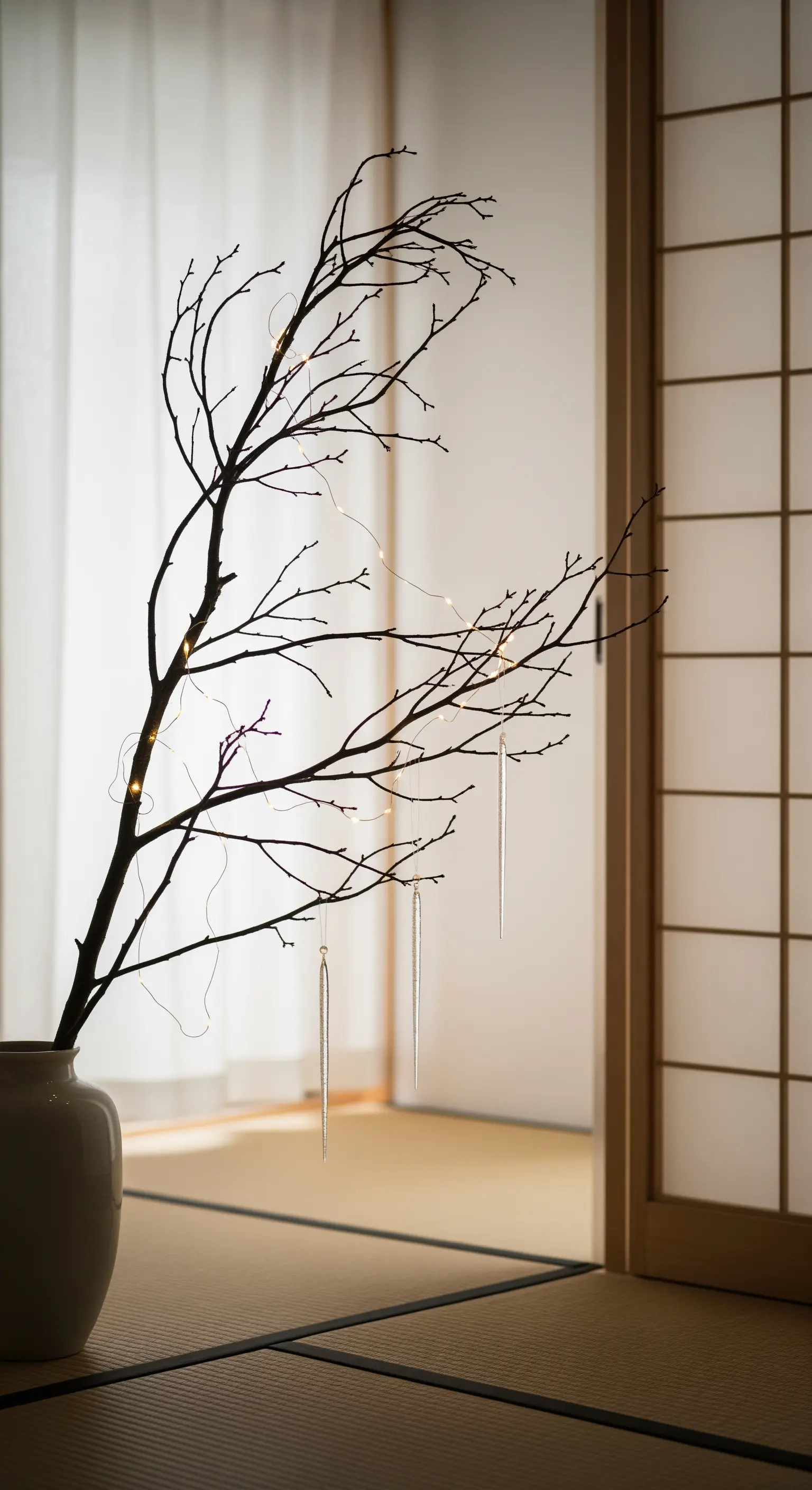 Ramo secco in un vaso decorato con micro-luci e tre gocce di vetro pendenti in stile giapponese