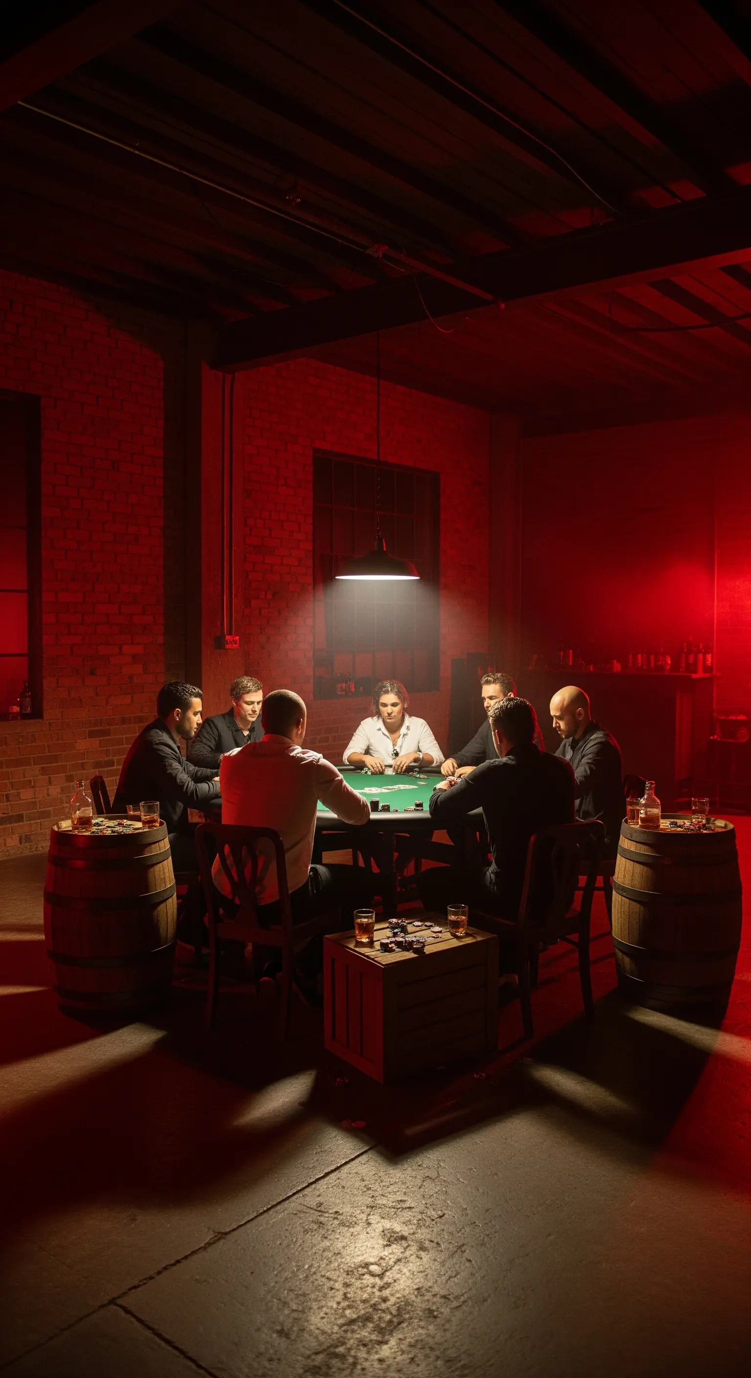 Uomini giocano a poker in un ambiente industriale con pareti di mattoni e luce soffusa.