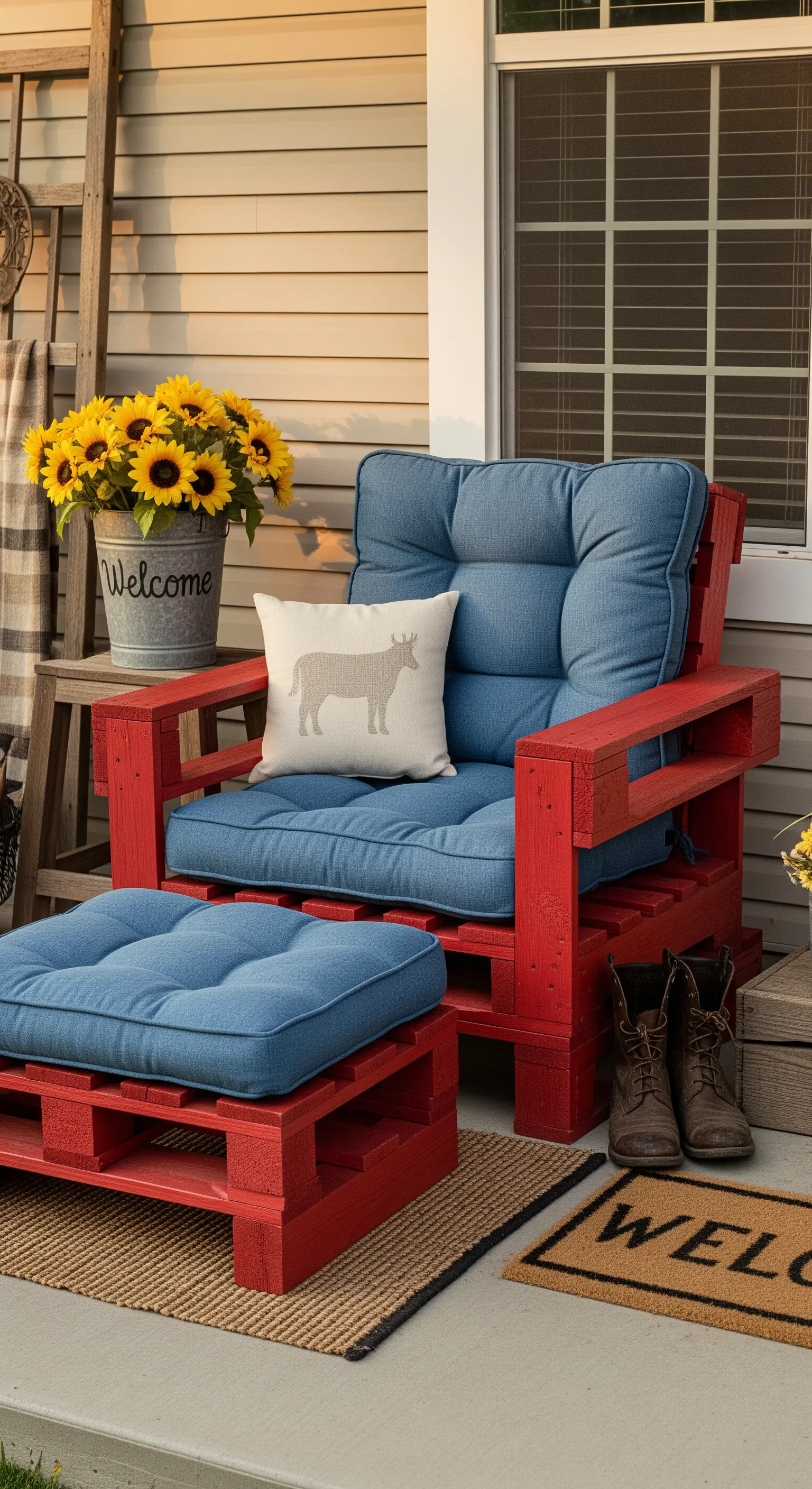 Poltrona e poggiapiedi in pallet verniciati di rosso con cuscini blu spessi