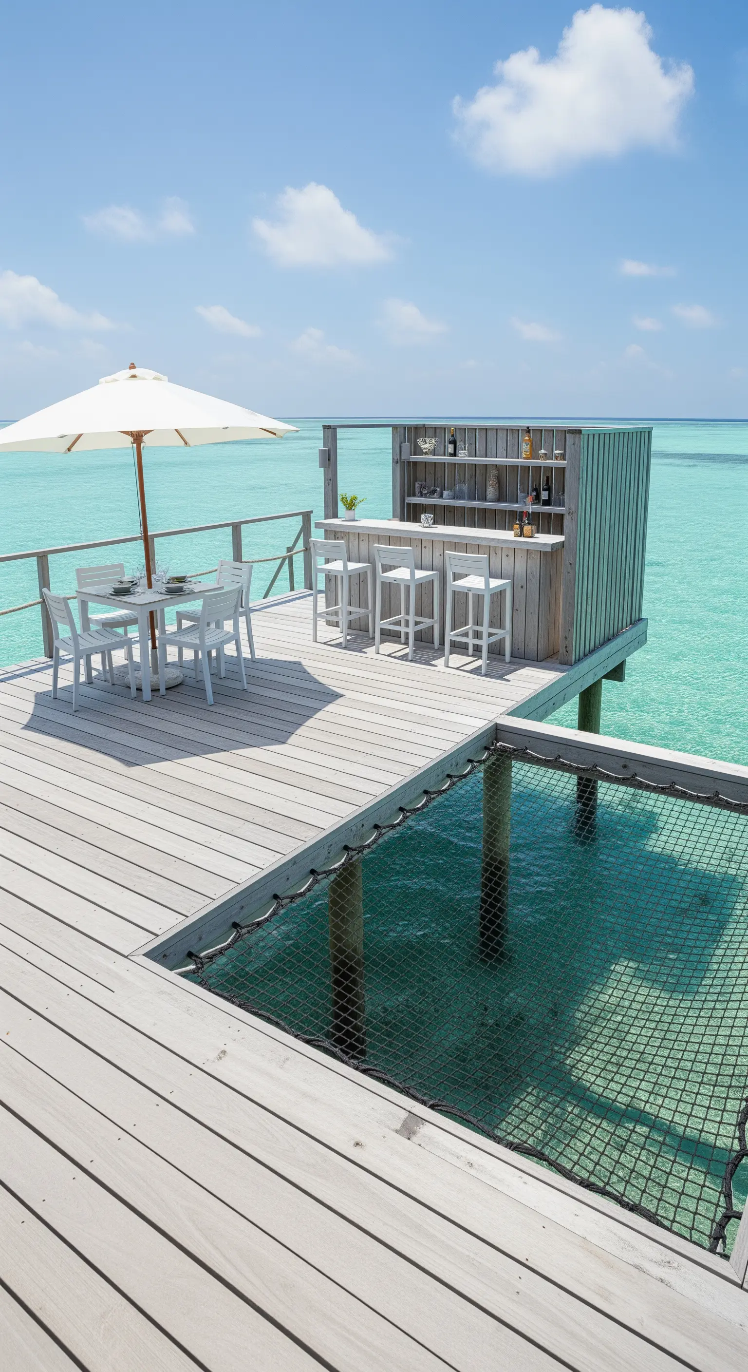Pontile in legno sbiancato sull'acqua turchese con bar, tavolo e rete sospesa.