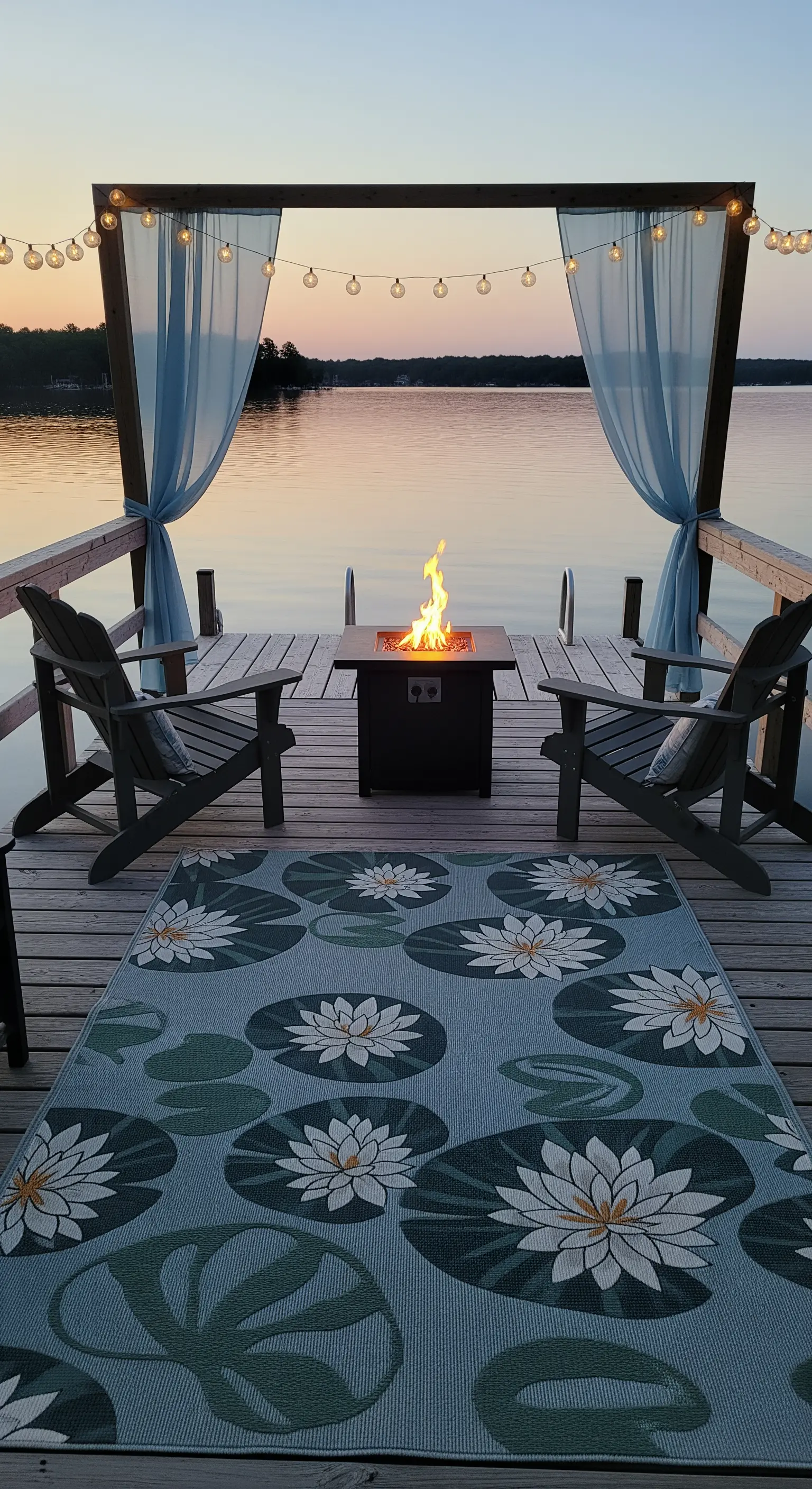 Pontile sul lago con braciere, sedie Adirondack e tende azzurre che incorniciano il tramonto.