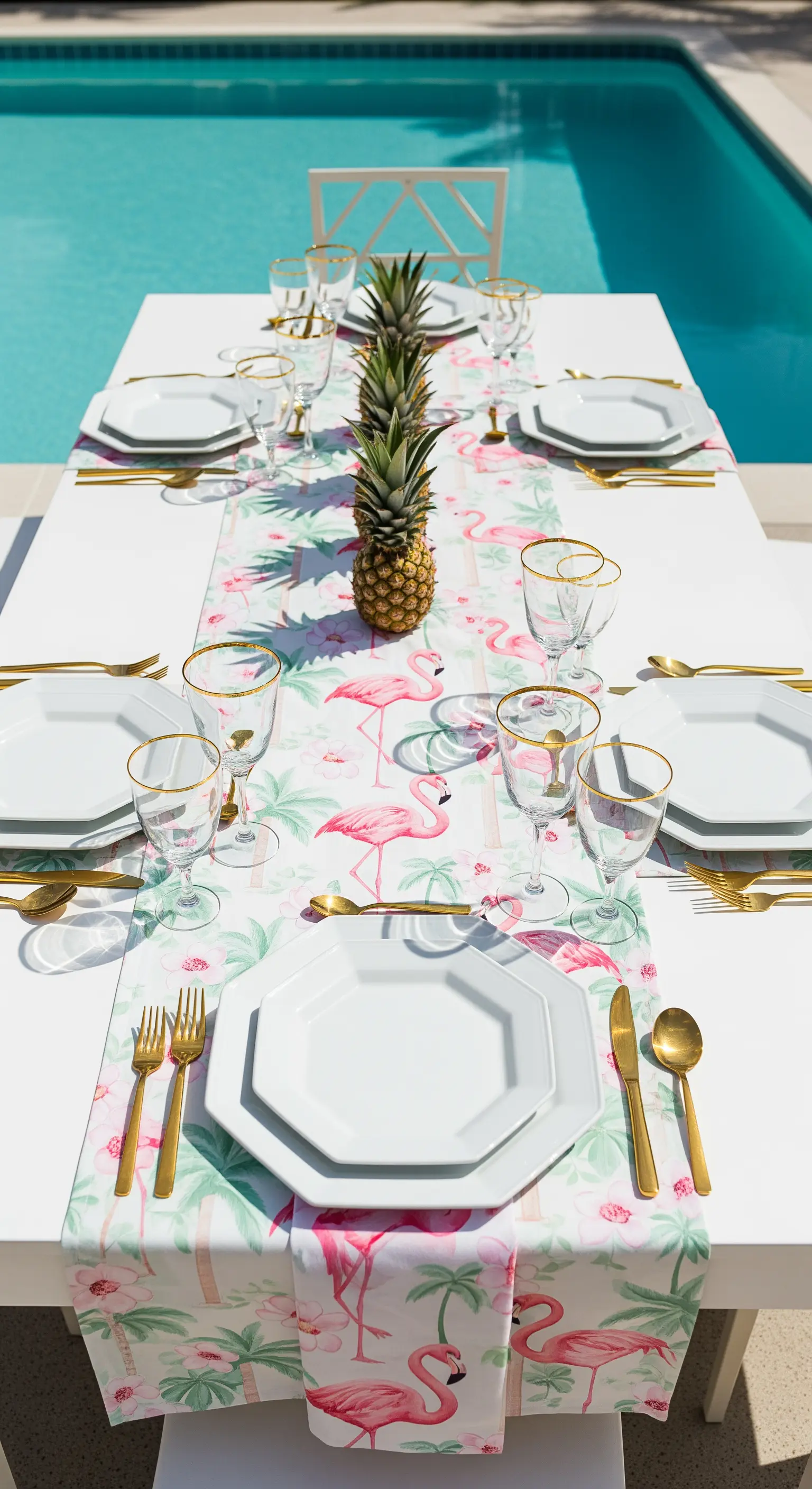 Tavola a bordo piscina con runner a fenicotteri, piatti bianchi e posate dorate.