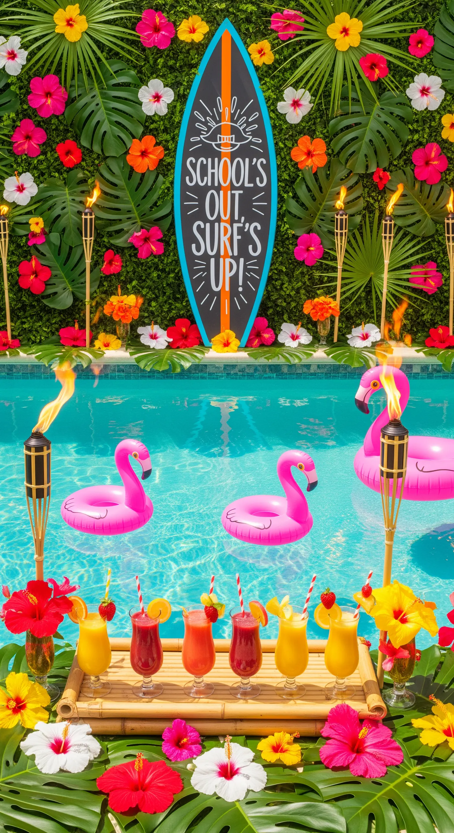 Pool party a tema tropicale con parete di foglie, fiori, fenicotteri e cocktail.
