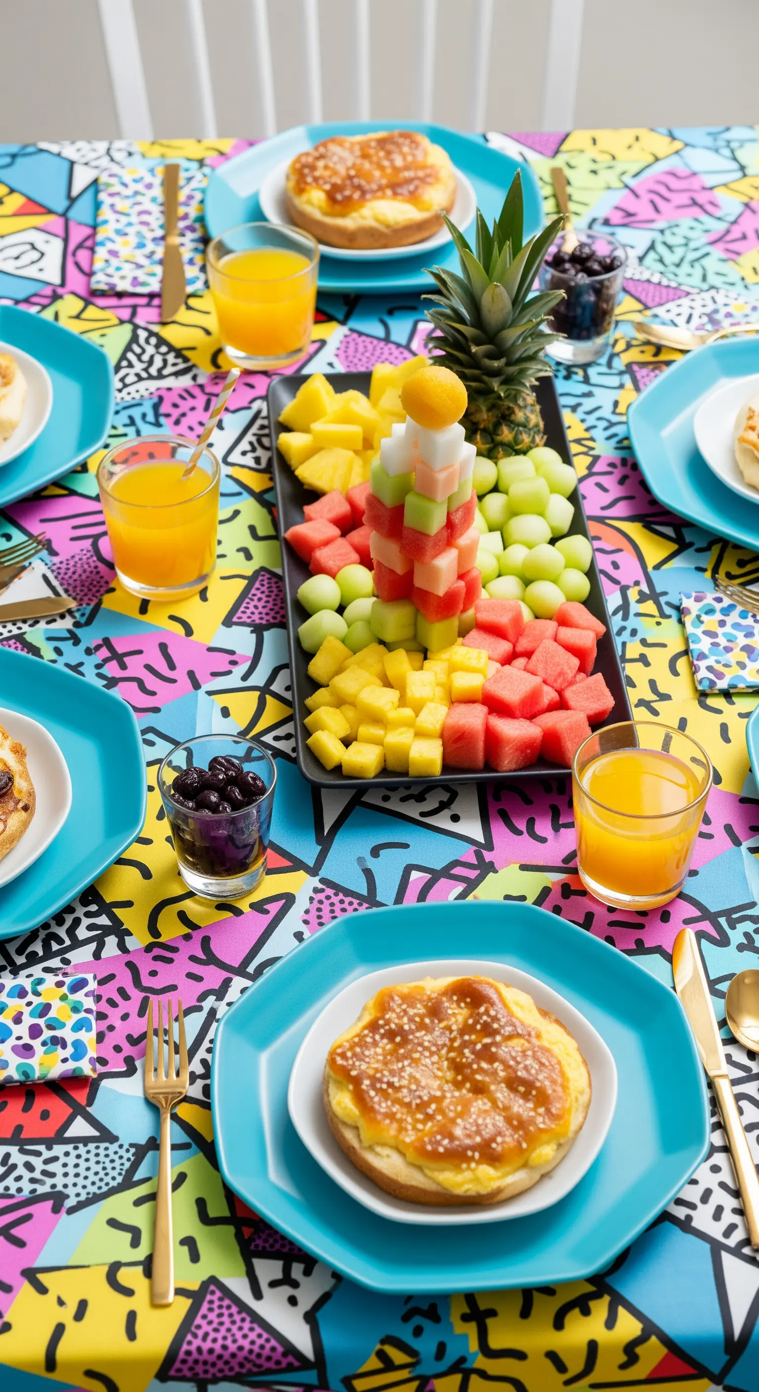 Tovaglia con pattern anni '80, piatti turchesi e frutta a cubetti.