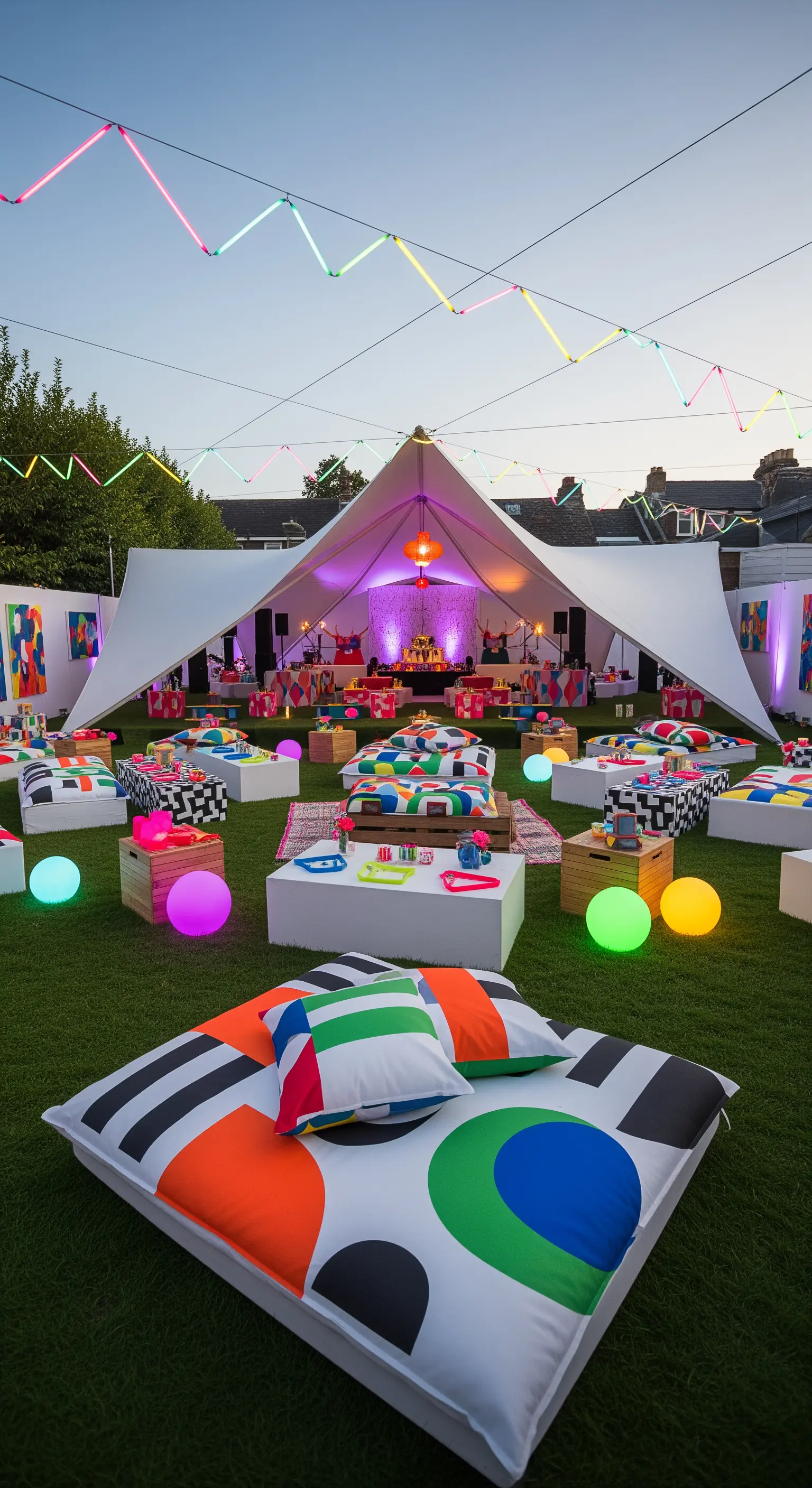 Festa in giardino con tensostruttura, luci al neon, cuscini con pattern geometrici e sfere luminose.