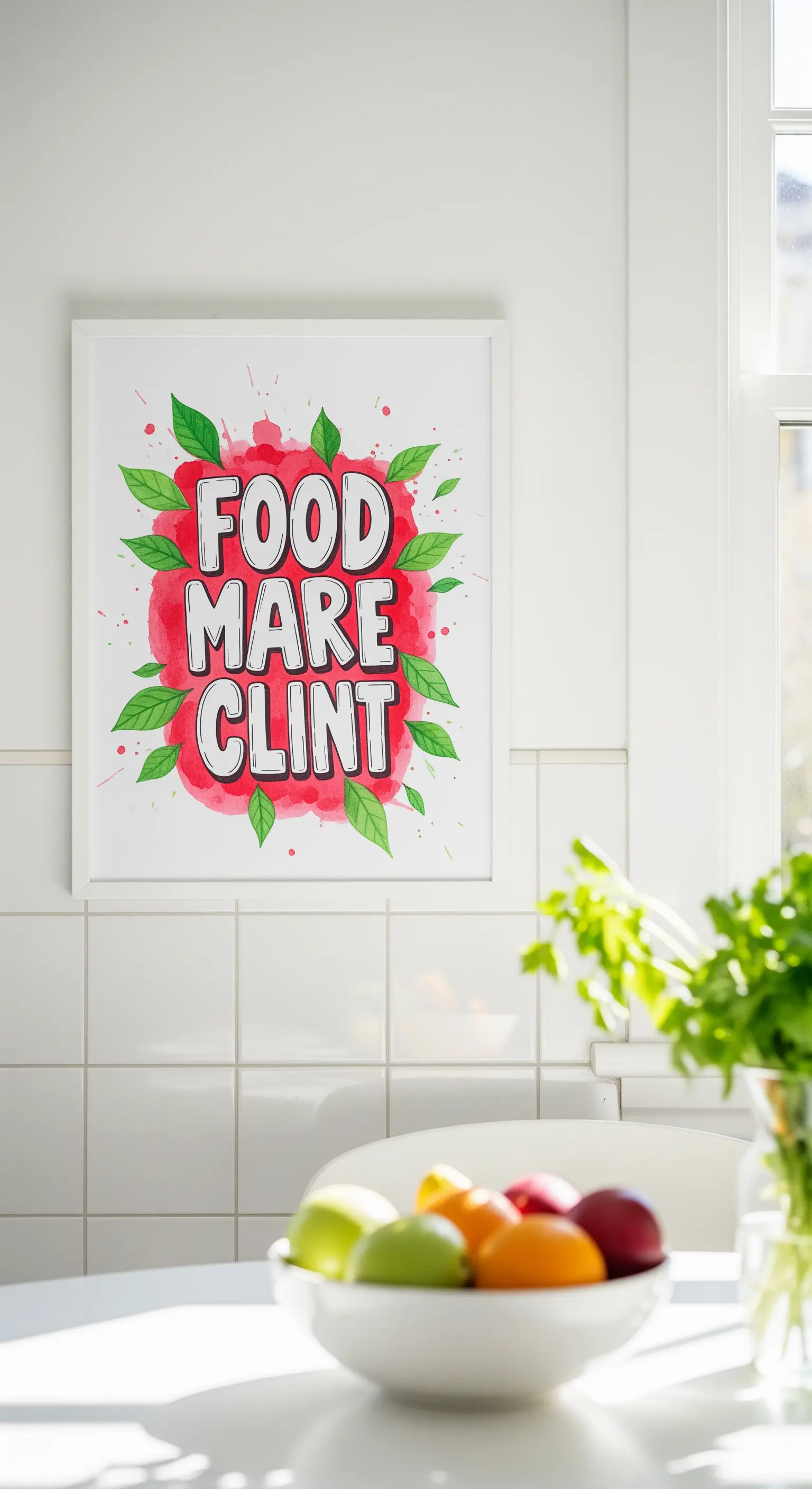 Quadro con scritta in stile pop art su sfondo rosso, appeso a una parete di piastrelle bianche in cucina.