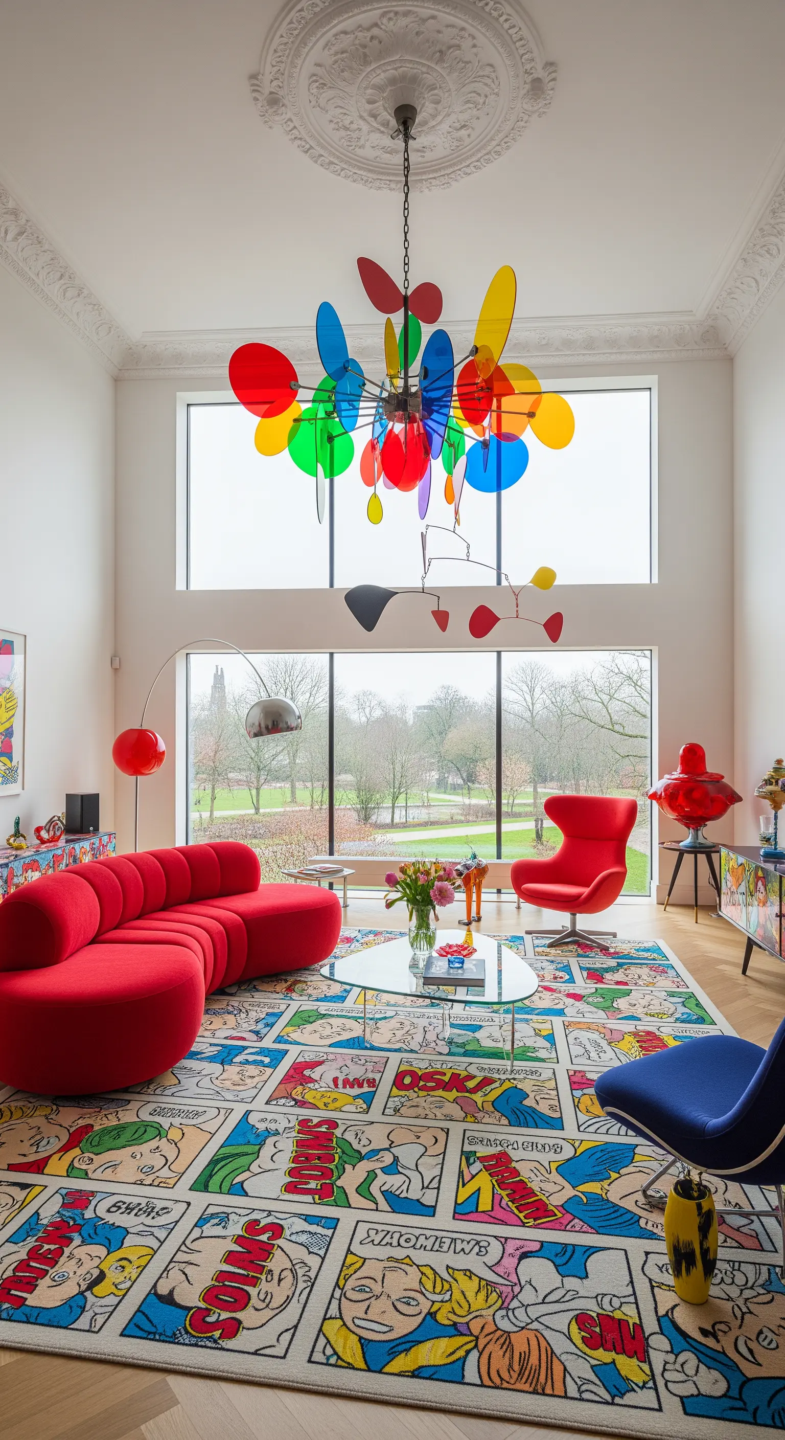 Soggiorno Pop Art con divano rosso, tappeto a fumetti e un lampadario-mobile colorato.